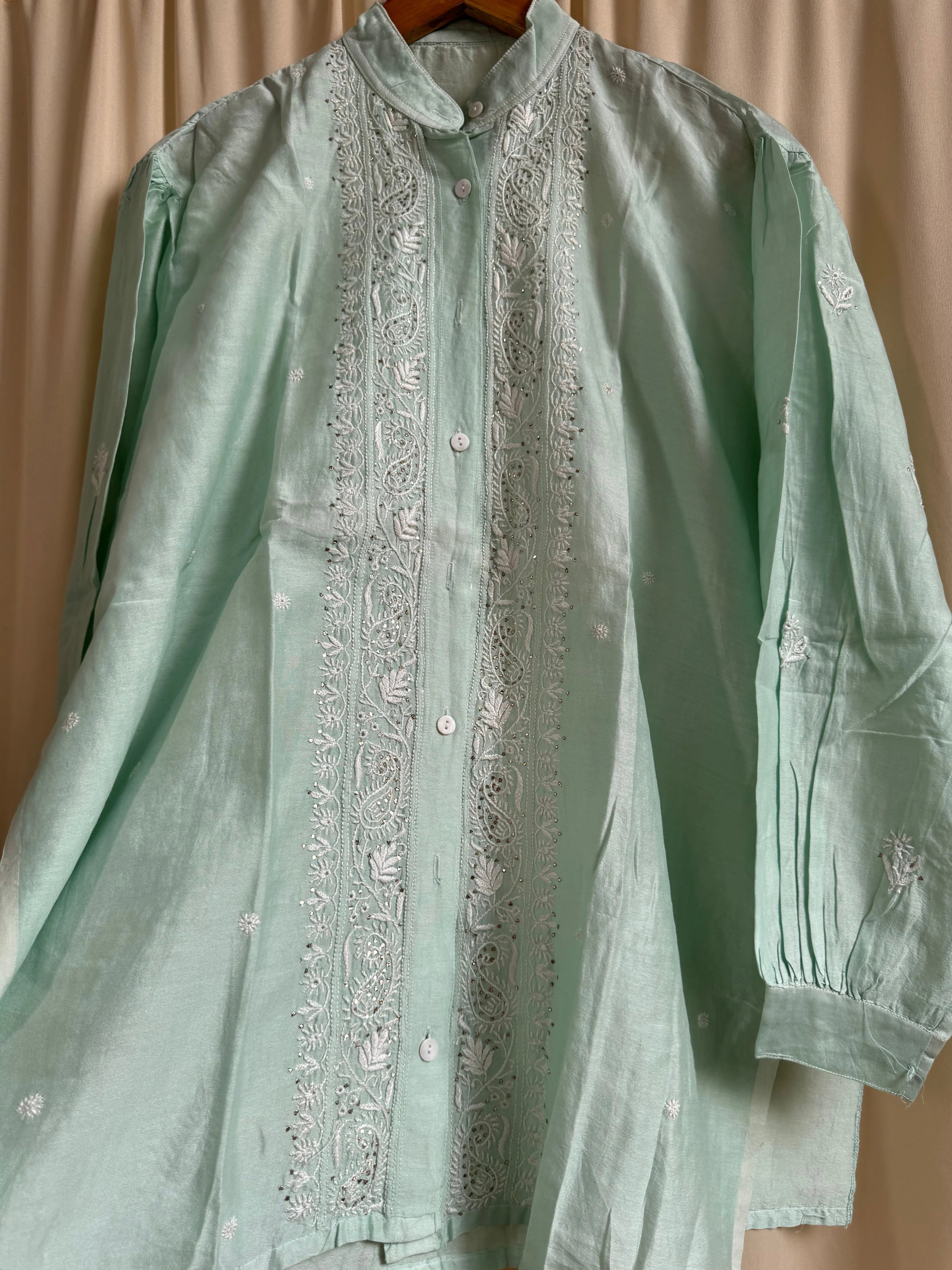 Chanderi Chikankari Cord Set with Mukaish Detailing - Mint Green ARIAA CHIKANKARI