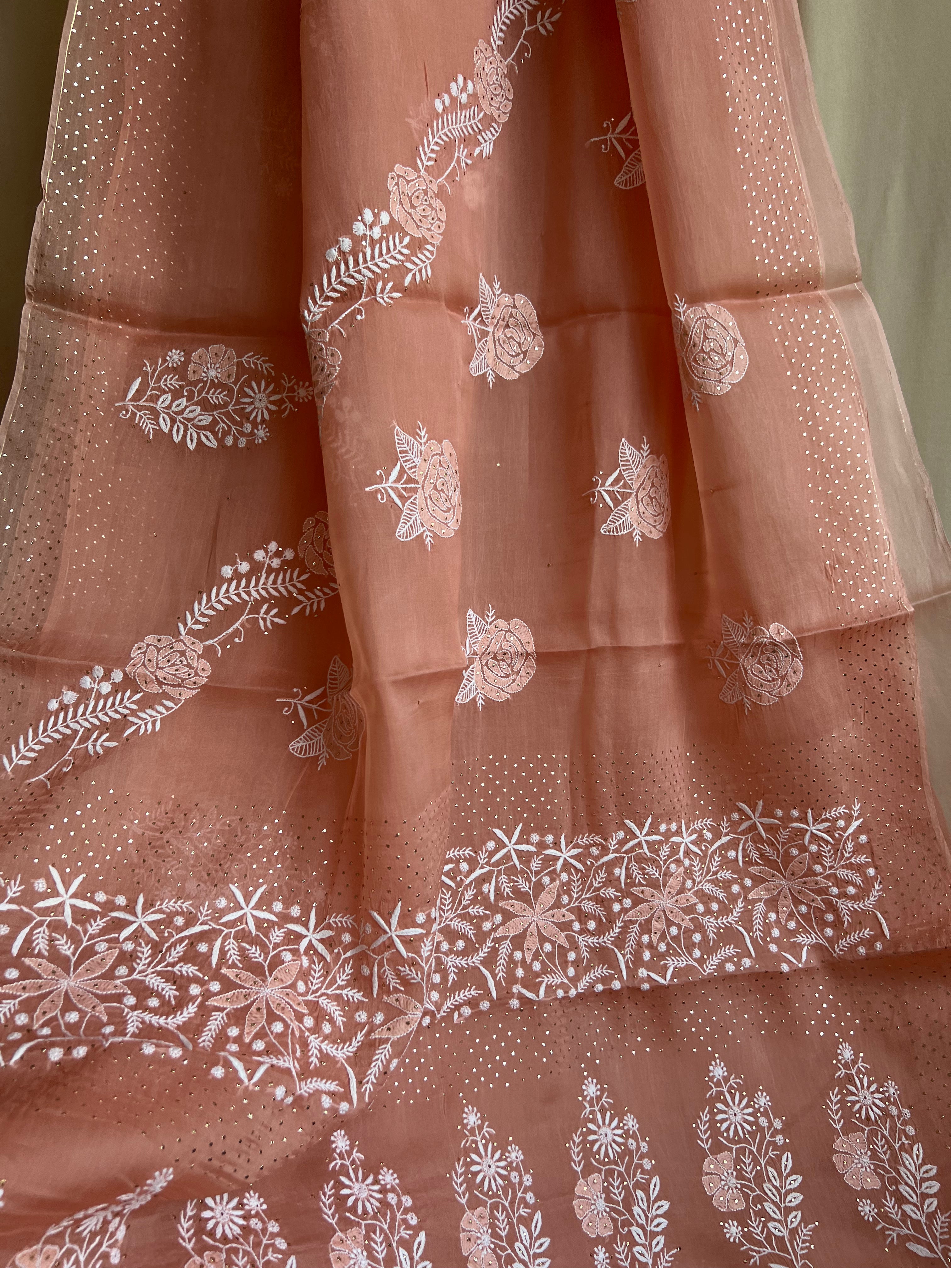 Pure organza Chikankari saree in Peach with Mukaish work ARIAA CHIKANKARI
