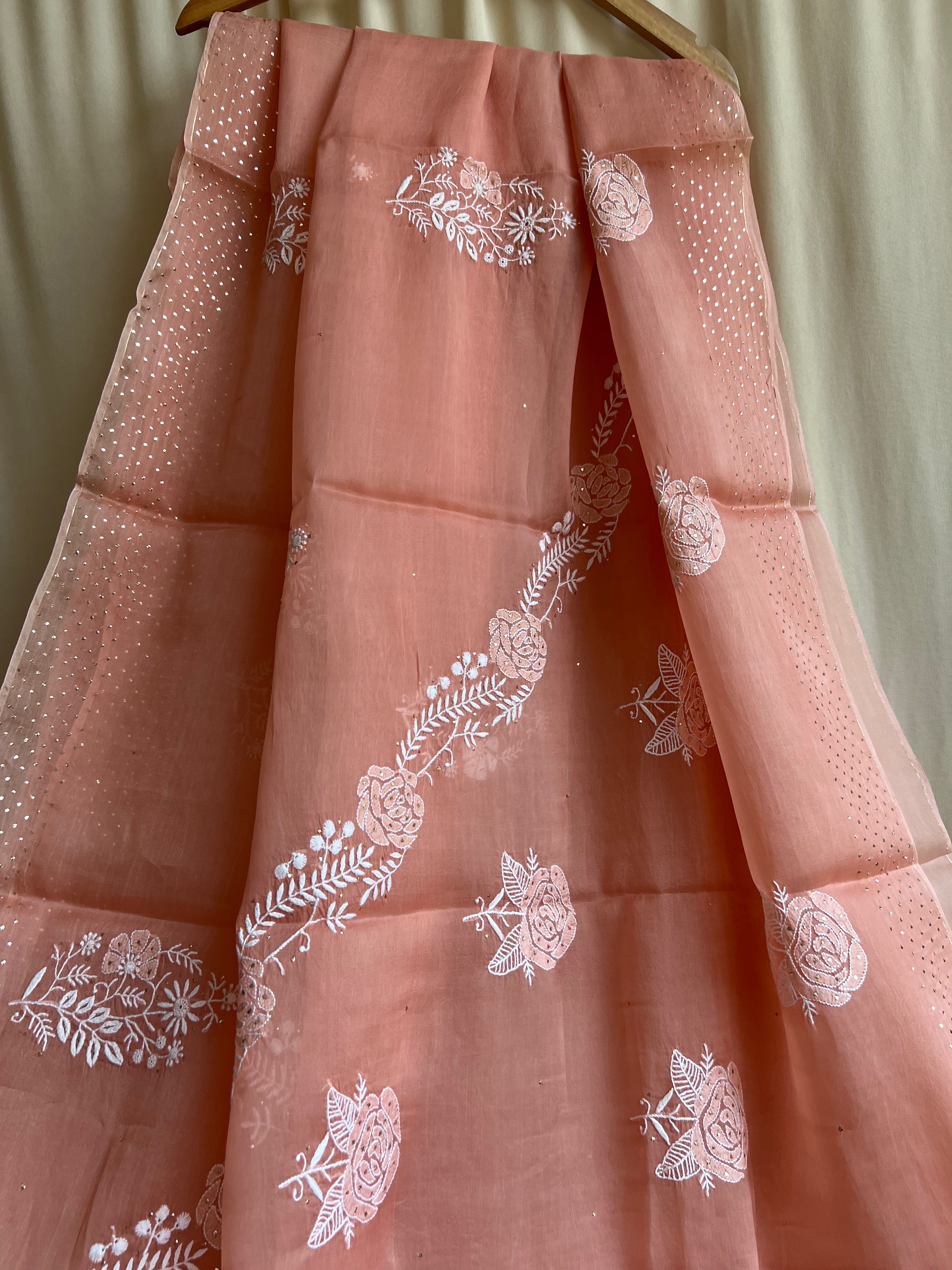 Pure organza Chikankari saree in Peach with Mukaish work ARIAA CHIKANKARI