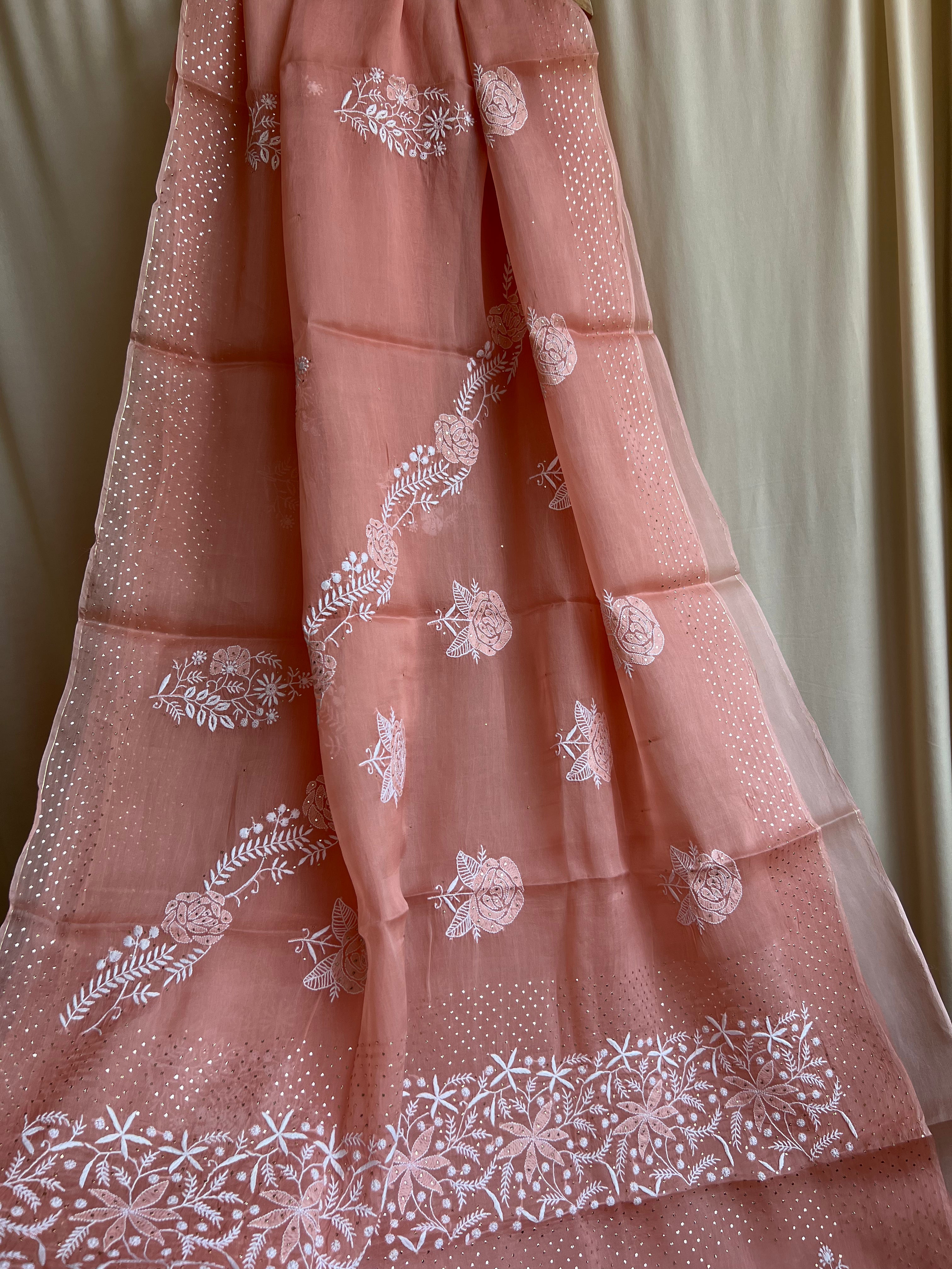 Pure organza Chikankari saree in Peach with Mukaish work ARIAA CHIKANKARI