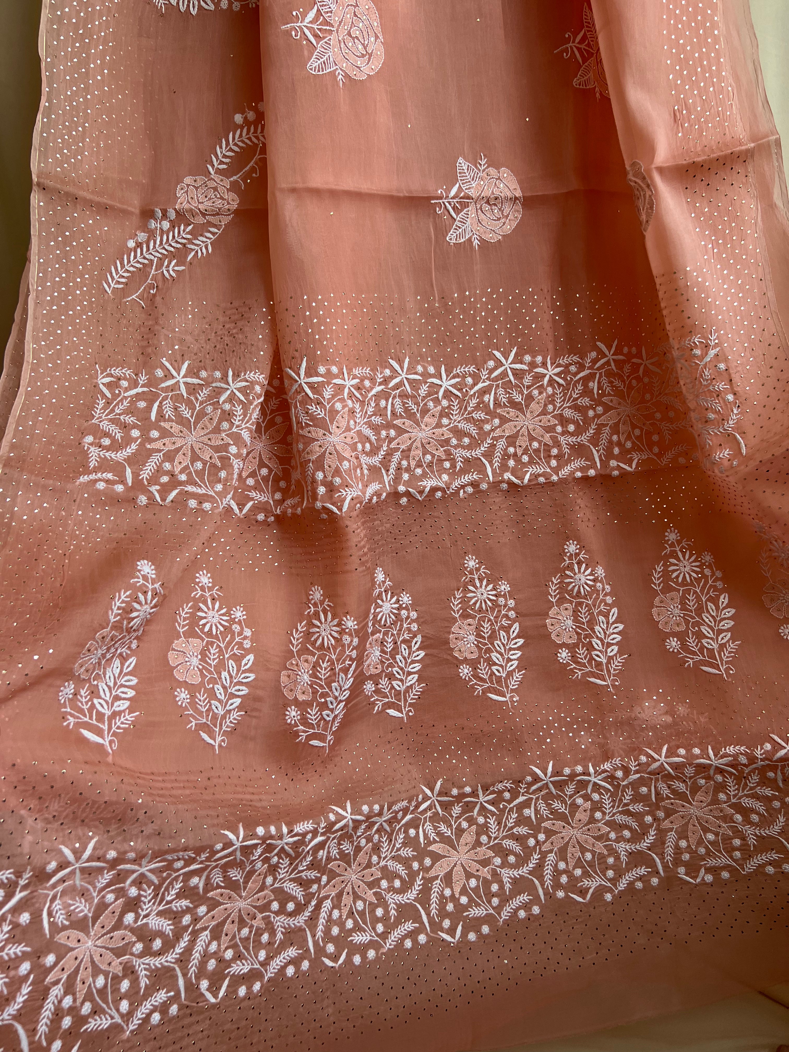 Pure organza Chikankari saree in Peach with Mukaish work ARIAA CHIKANKARI