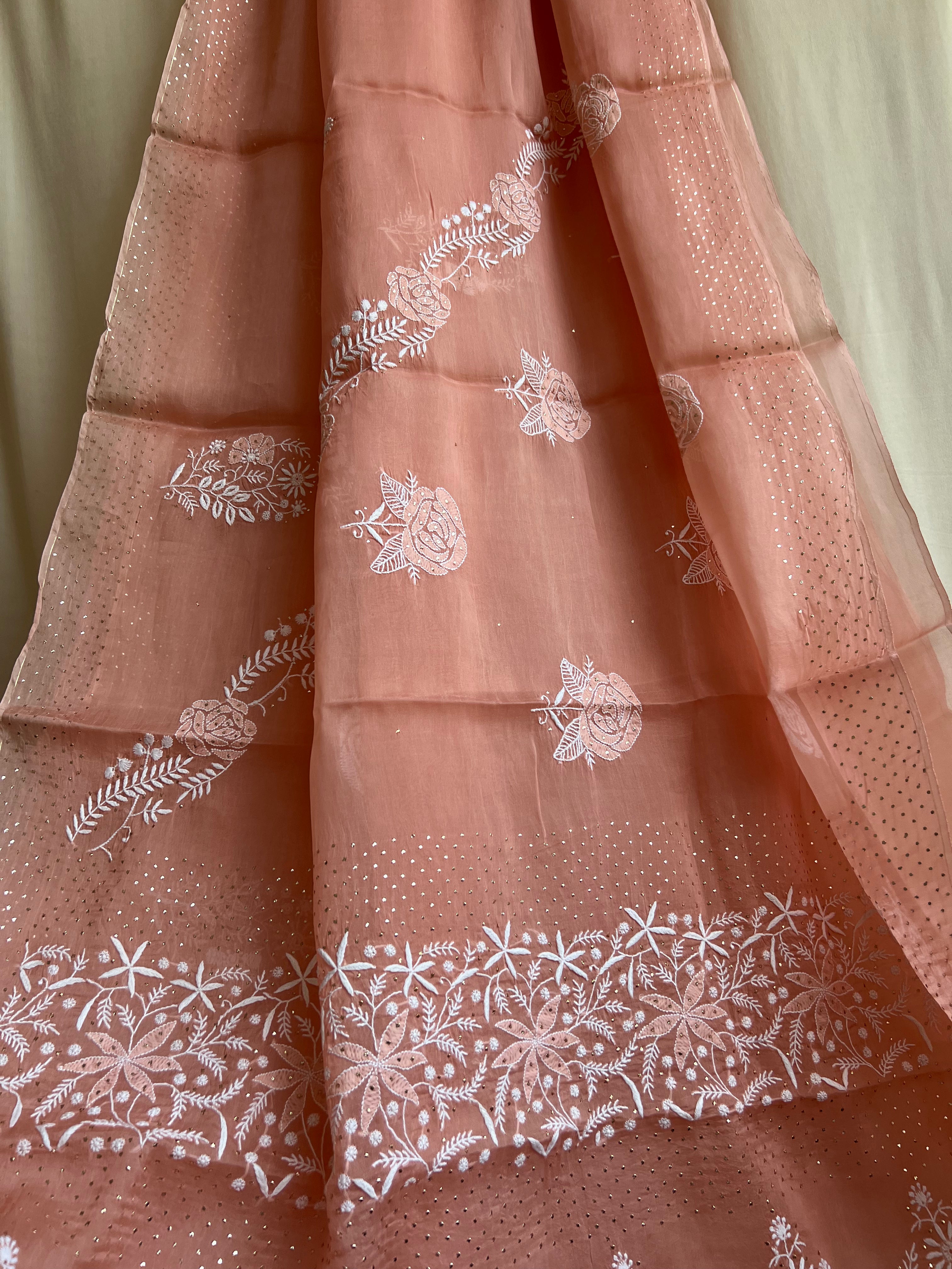 Pure organza Chikankari saree in Peach with Mukaish work ARIAA CHIKANKARI