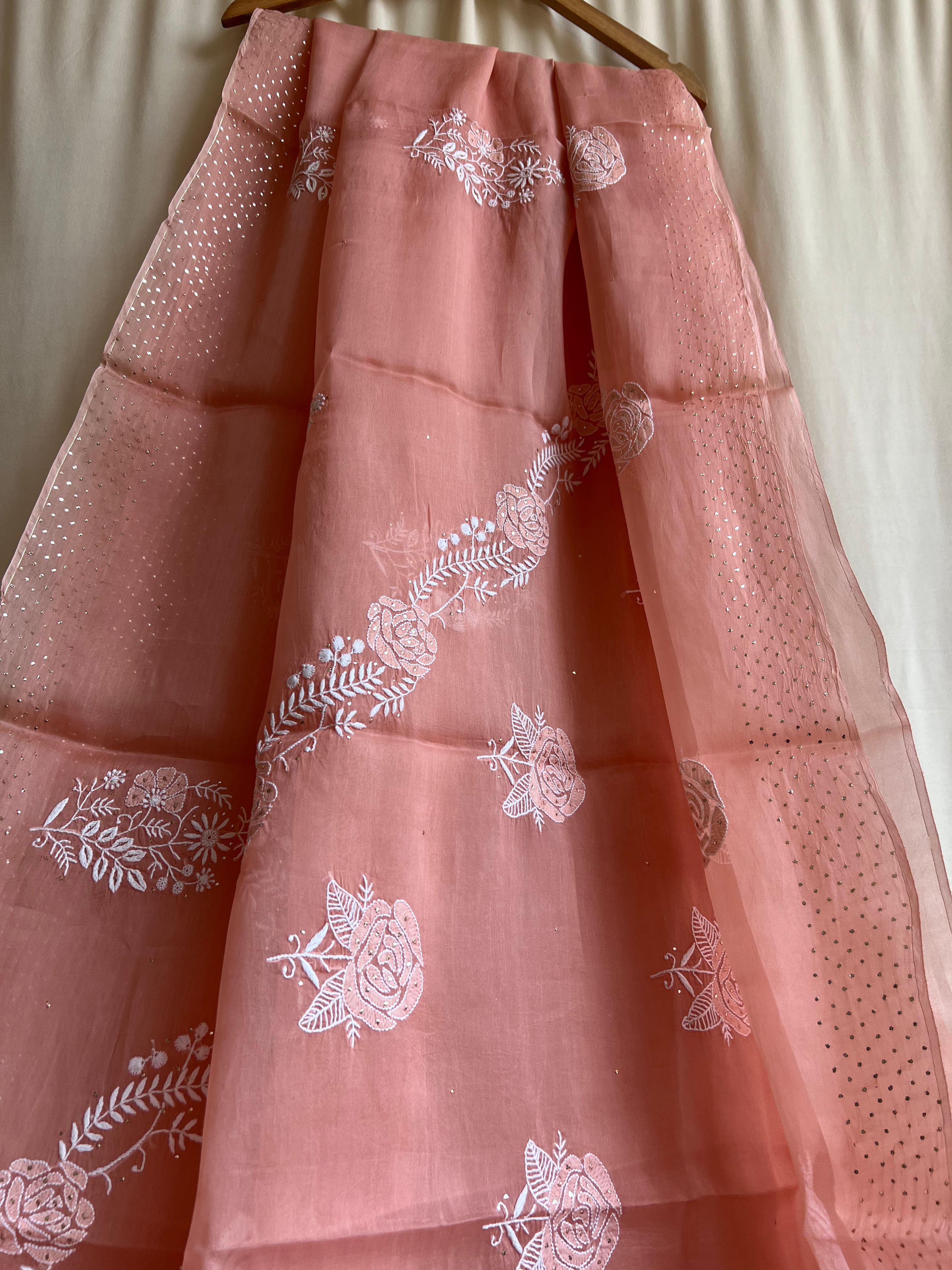 Pure organza Chikankari saree in Peach with Mukaish work ARIAA CHIKANKARI