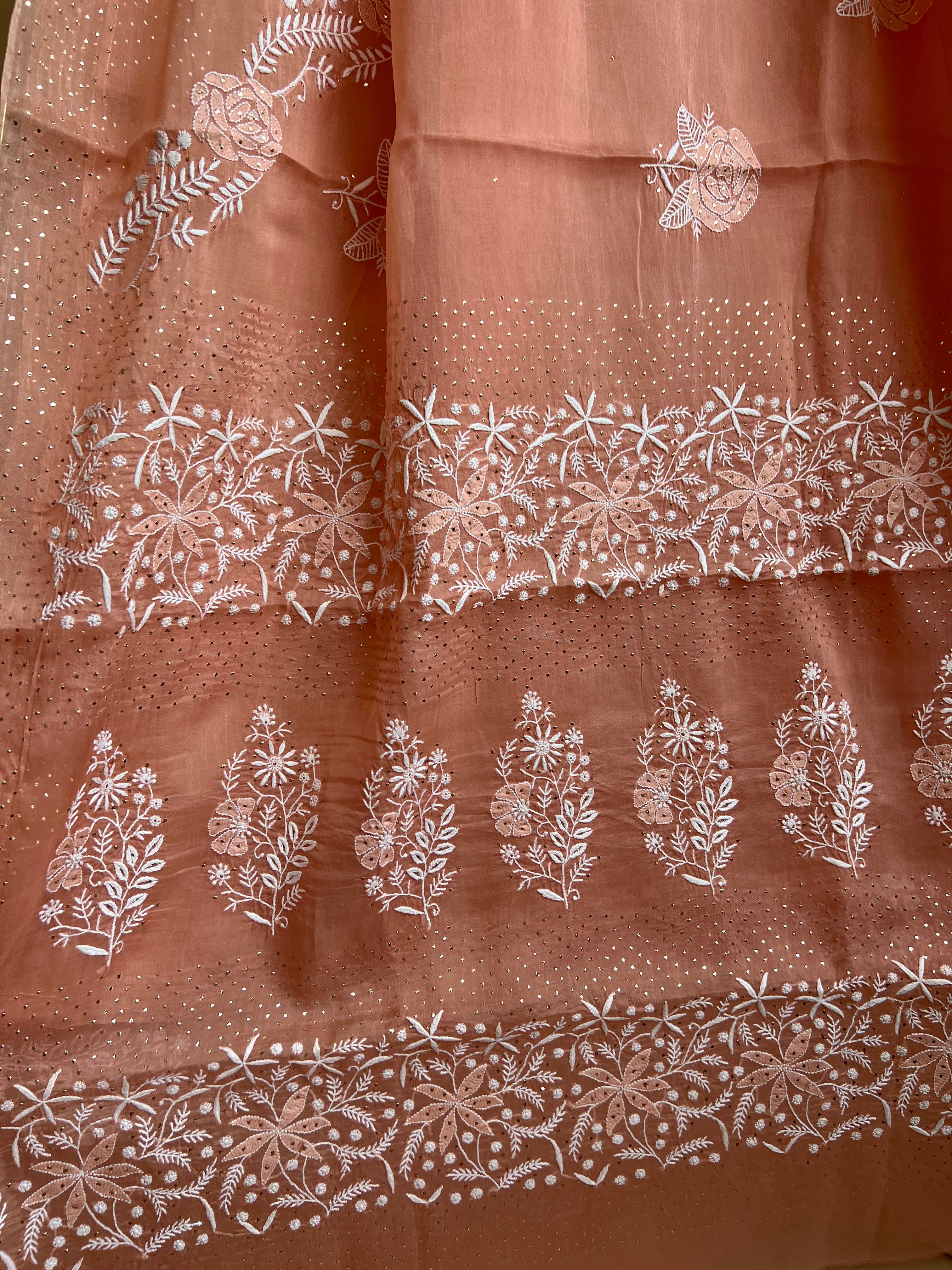 Pure organza Chikankari saree in Peach with Mukaish work ARIAA CHIKANKARI