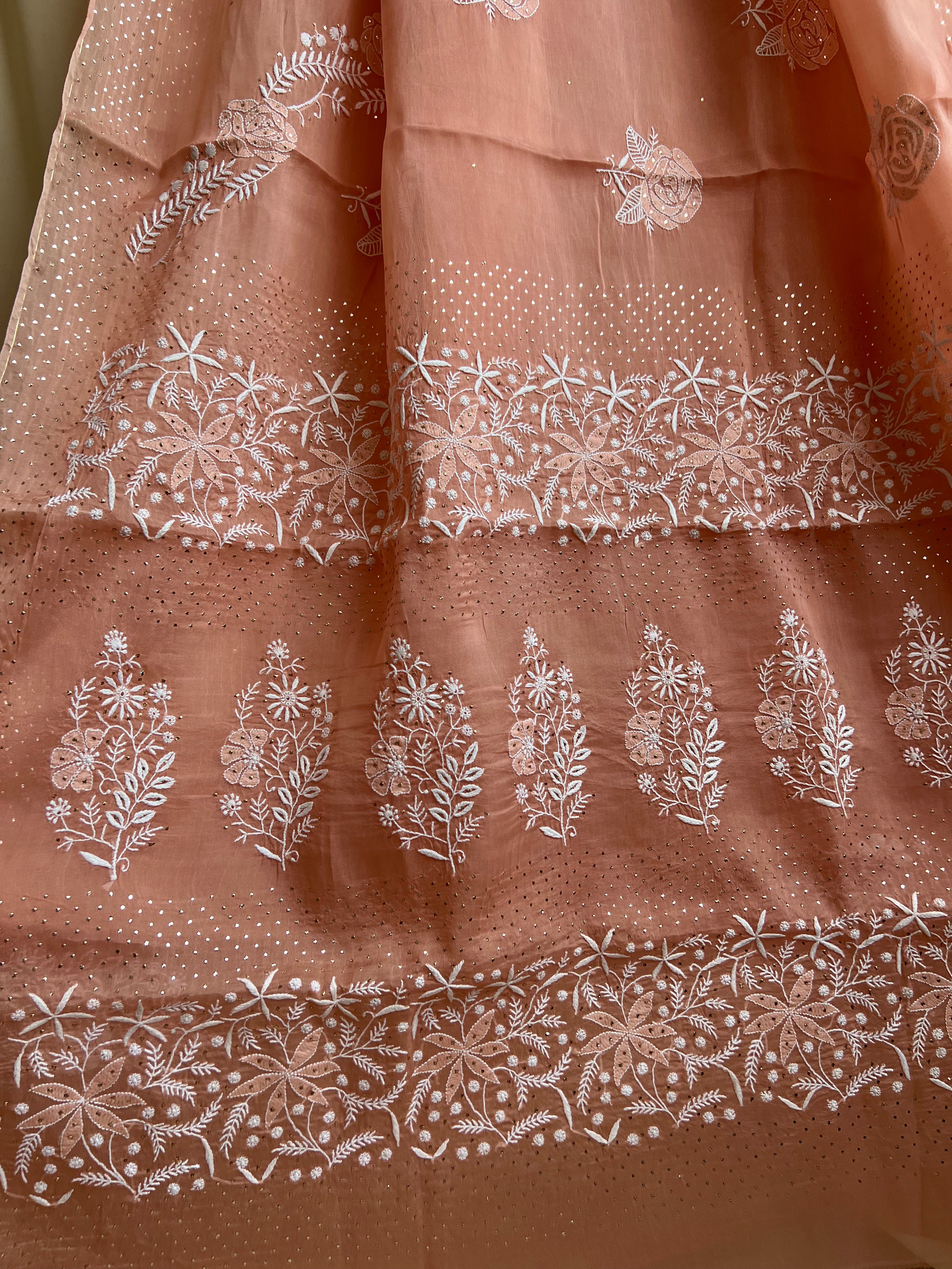 Pure organza Chikankari saree in Peach with Mukaish work ARIAA CHIKANKARI