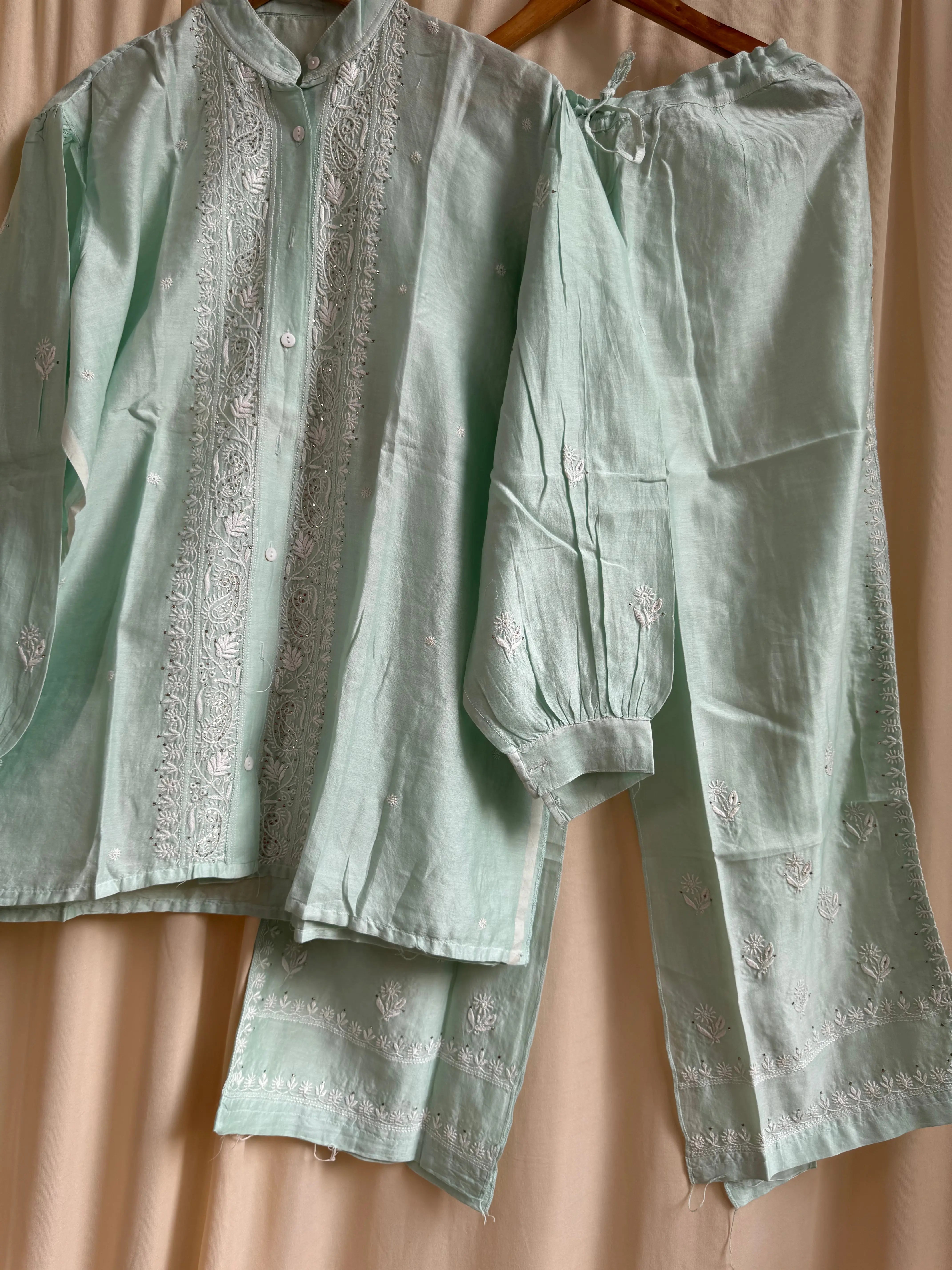 Chanderi Chikankari Cord Set with Mukaish Detailing - Mint Green ARIAA CHIKANKARI