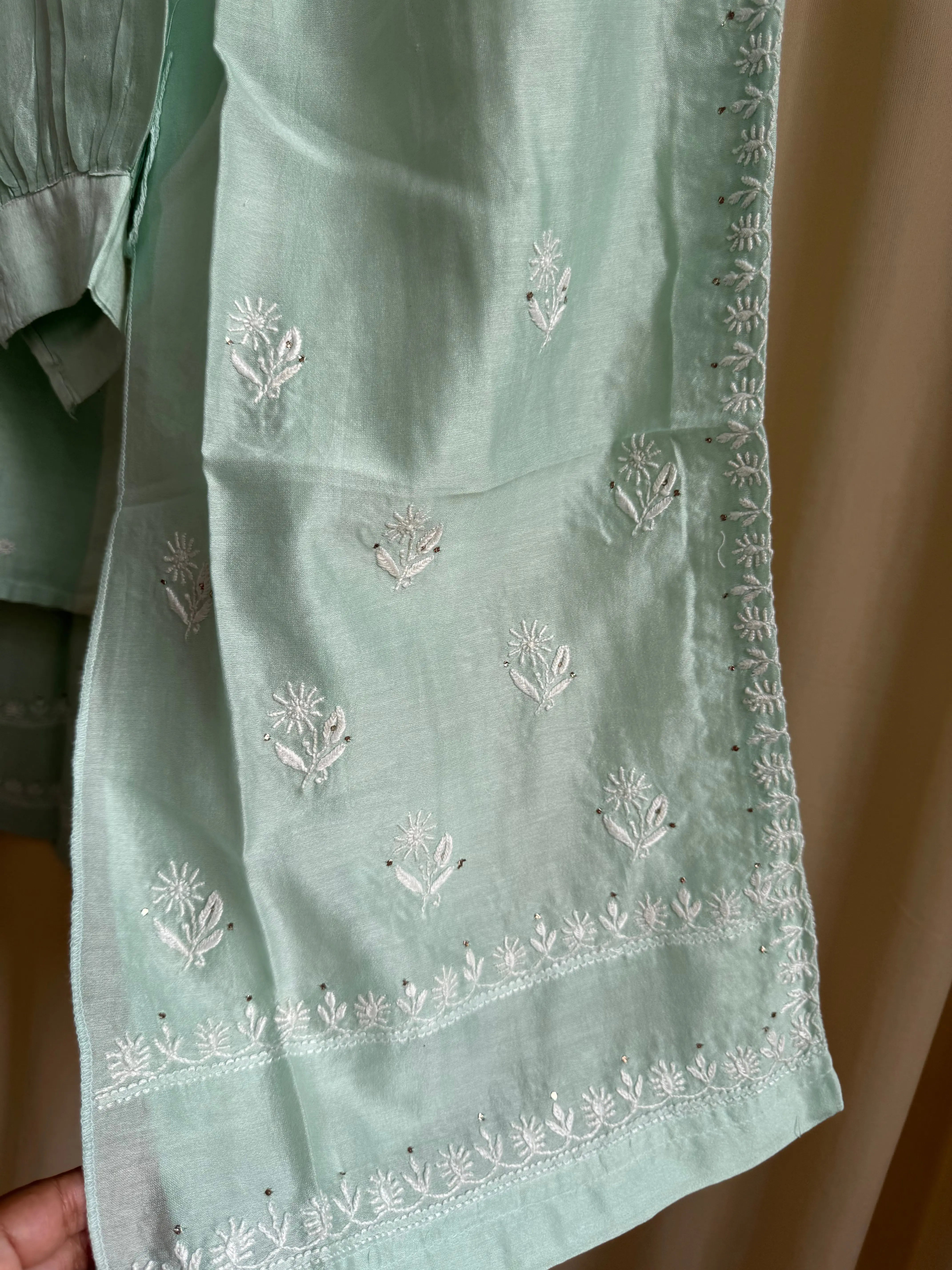 Chanderi Chikankari Cord Set with Mukaish Detailing - Mint Green ARIAA CHIKANKARI