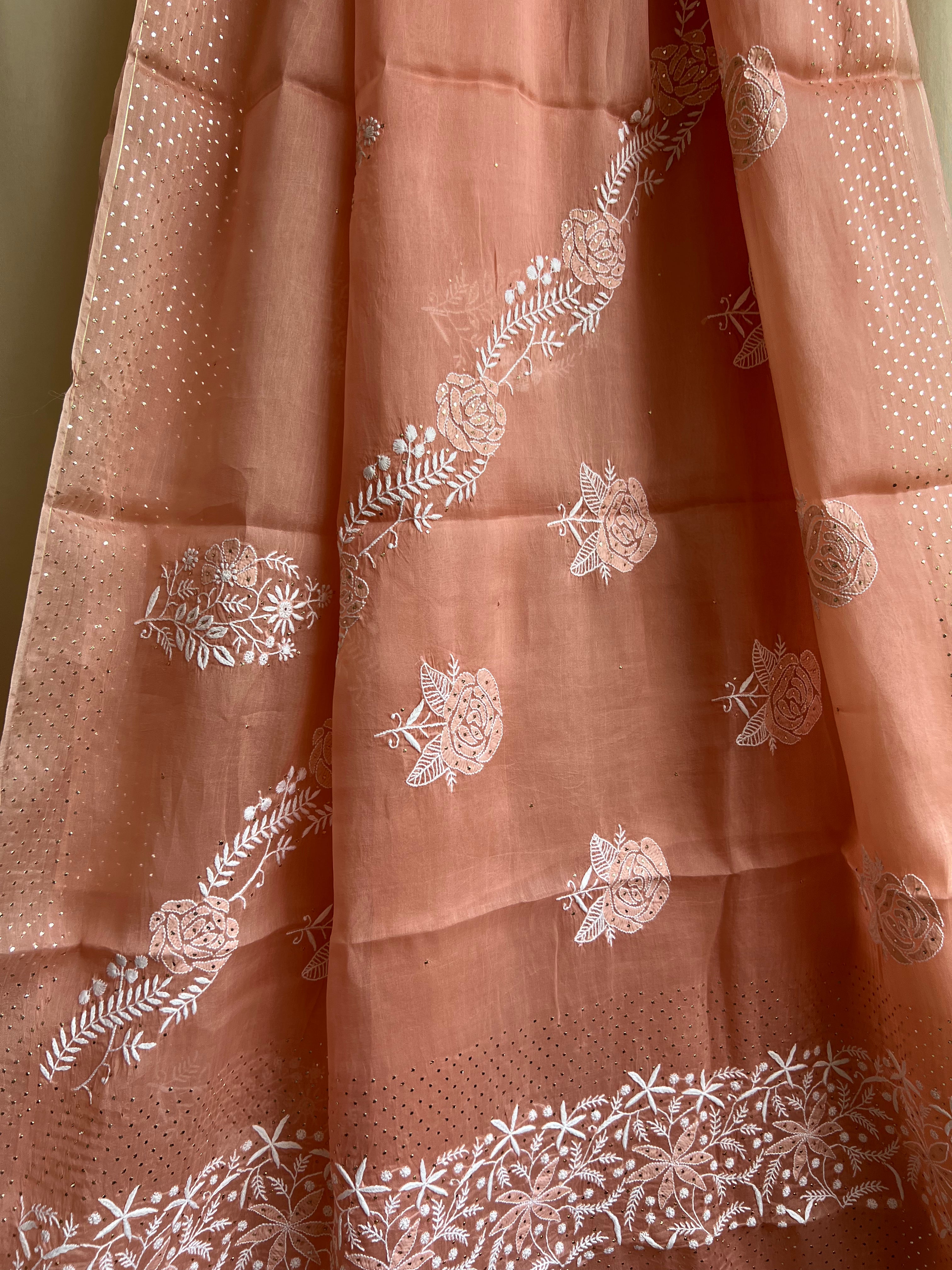 Pure organza Chikankari saree in Peach with Mukaish work ARIAA CHIKANKARI