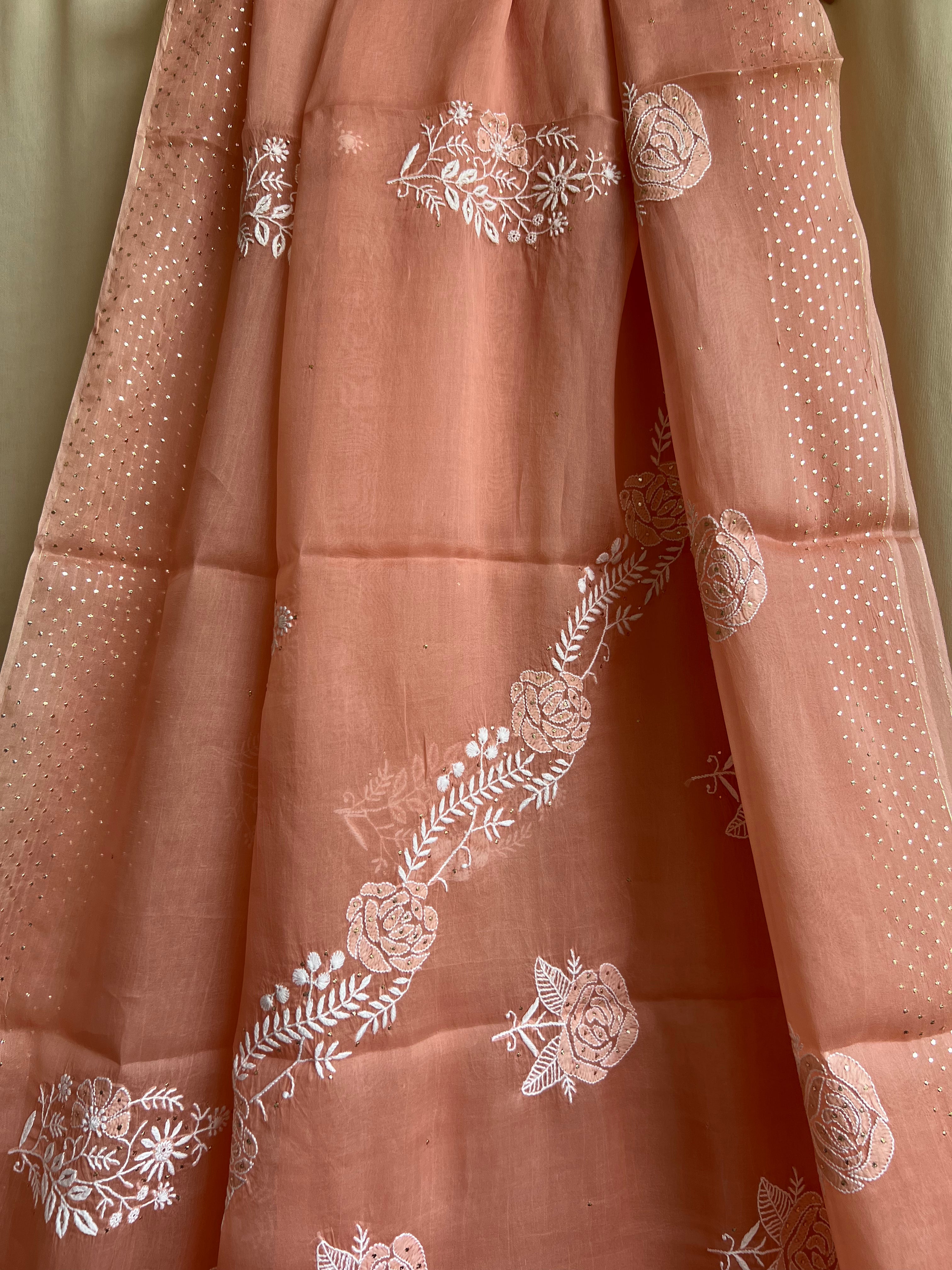 Pure organza Chikankari saree in Peach with Mukaish work ARIAA CHIKANKARI