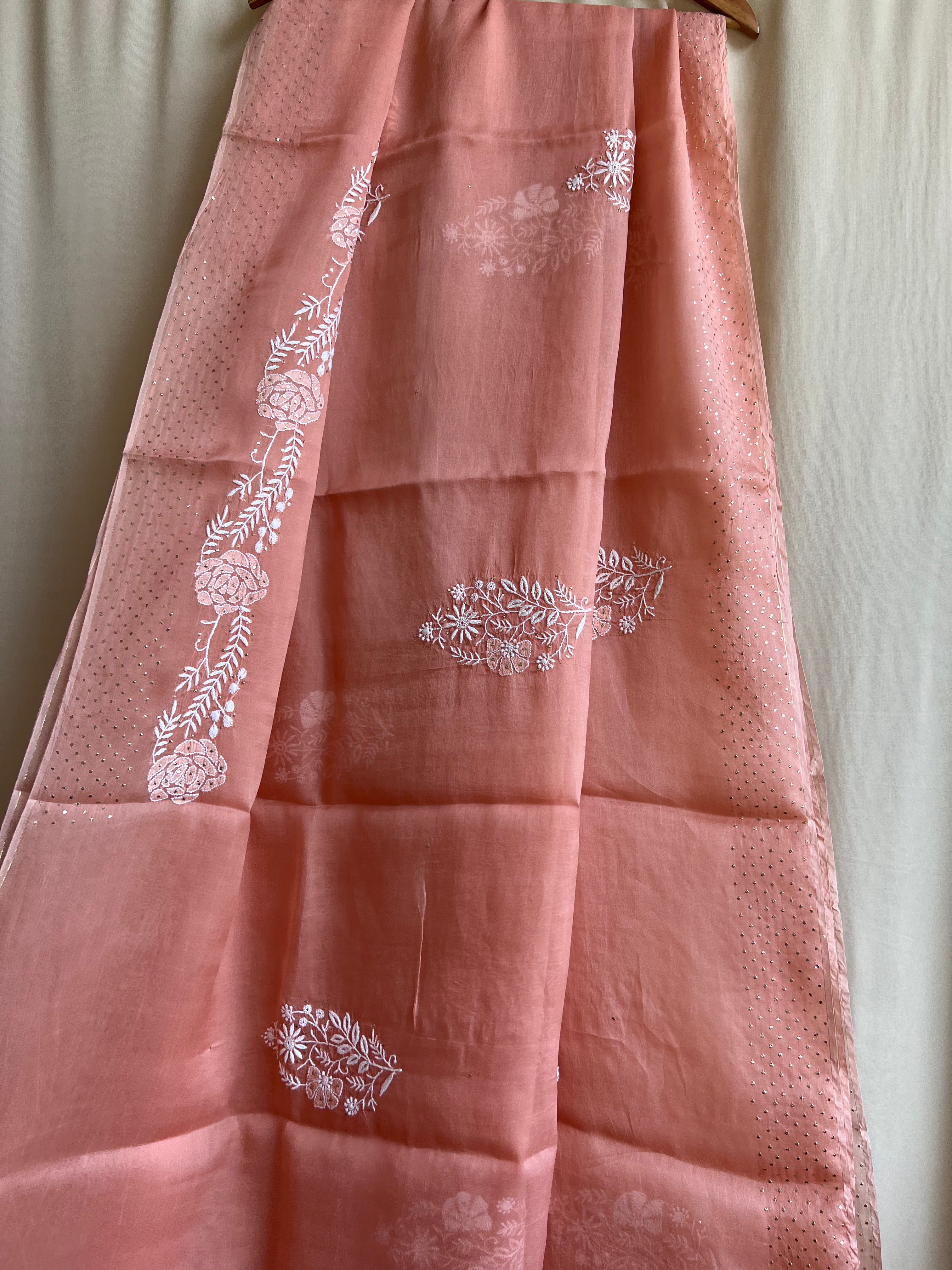 Pure organza Chikankari saree in Peach with Mukaish work ARIAA CHIKANKARI