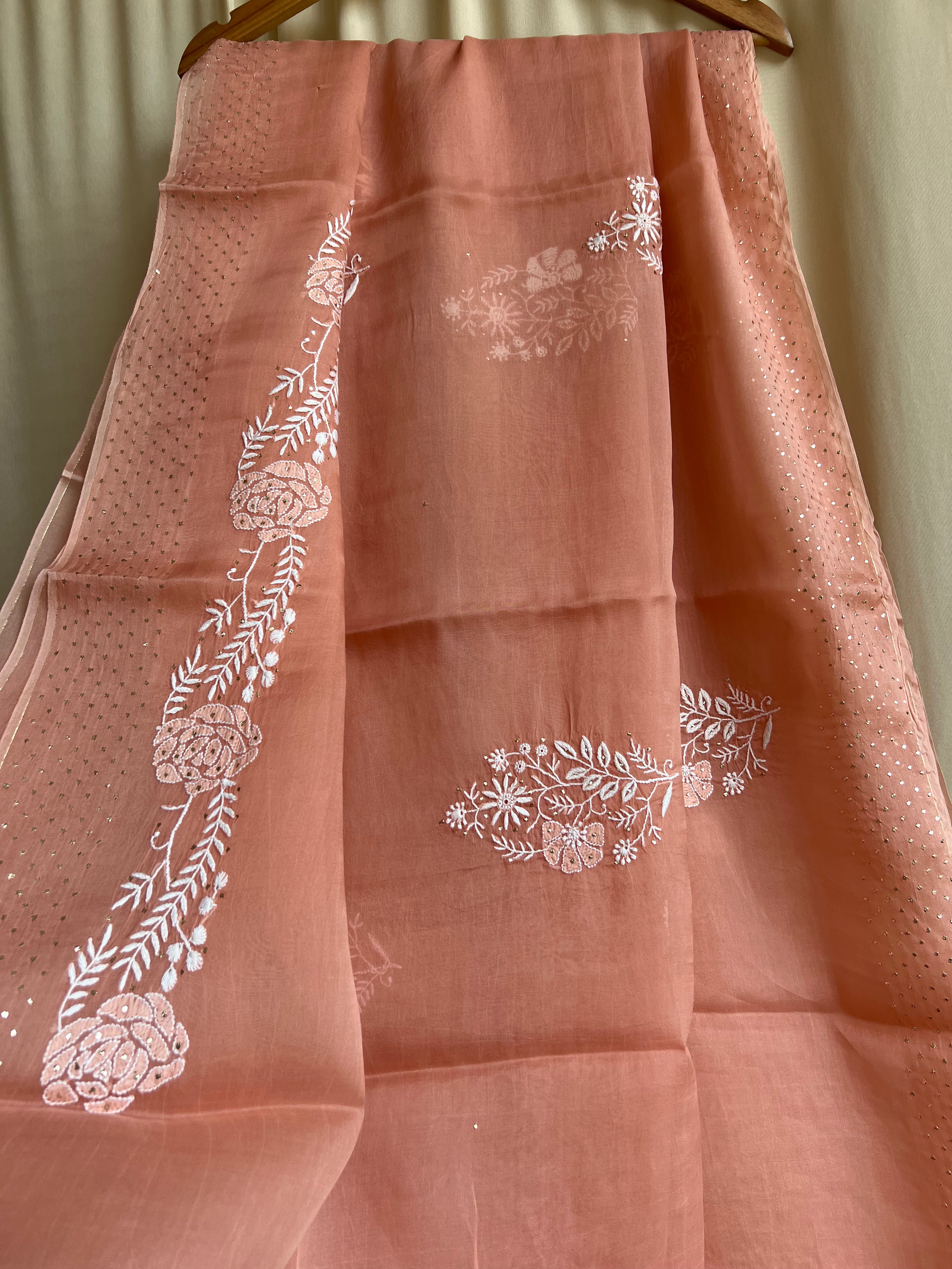 Pure organza Chikankari saree in Peach with Mukaish work ARIAA CHIKANKARI