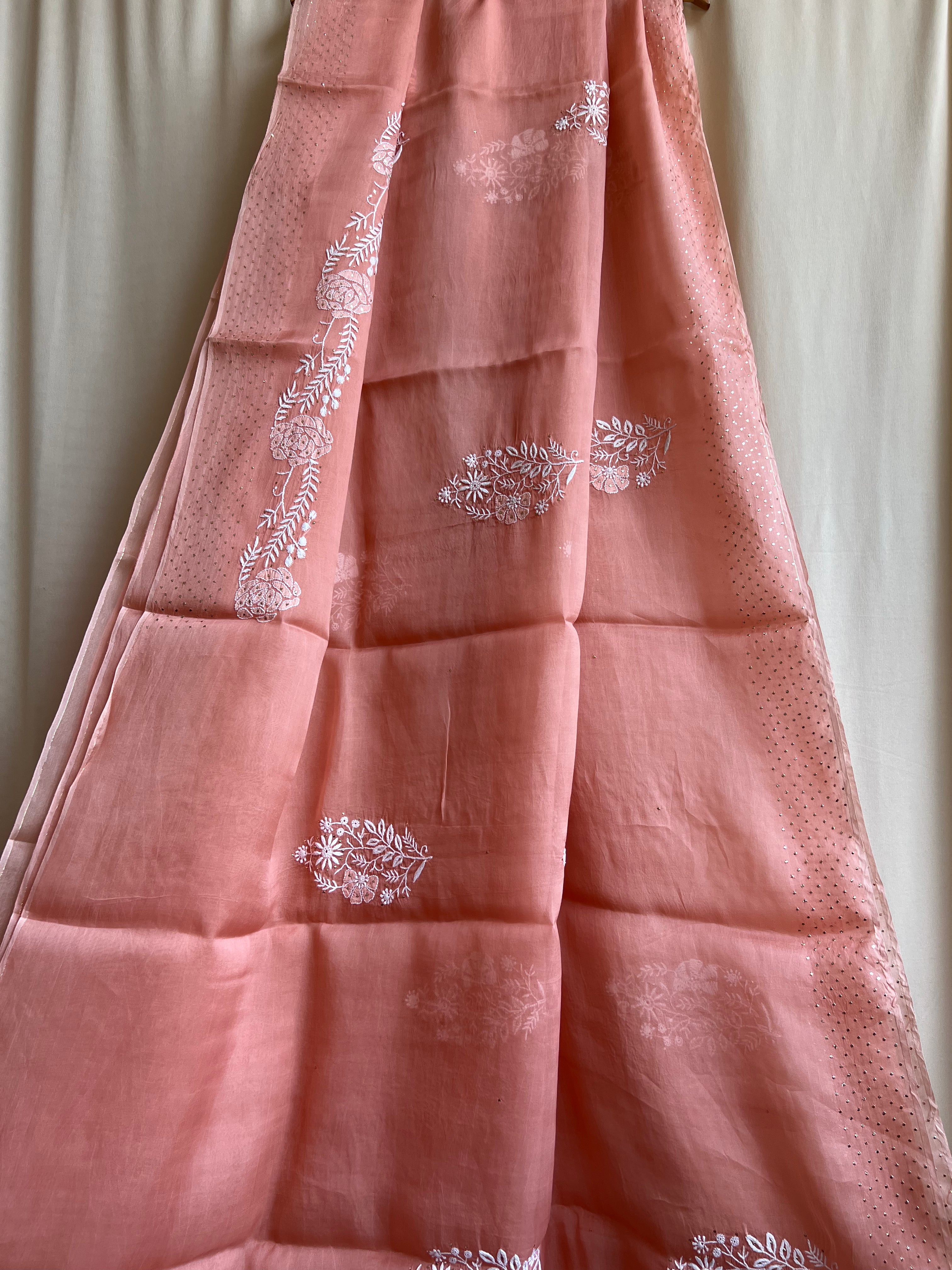 Pure organza Chikankari saree in Peach with Mukaish work ARIAA CHIKANKARI