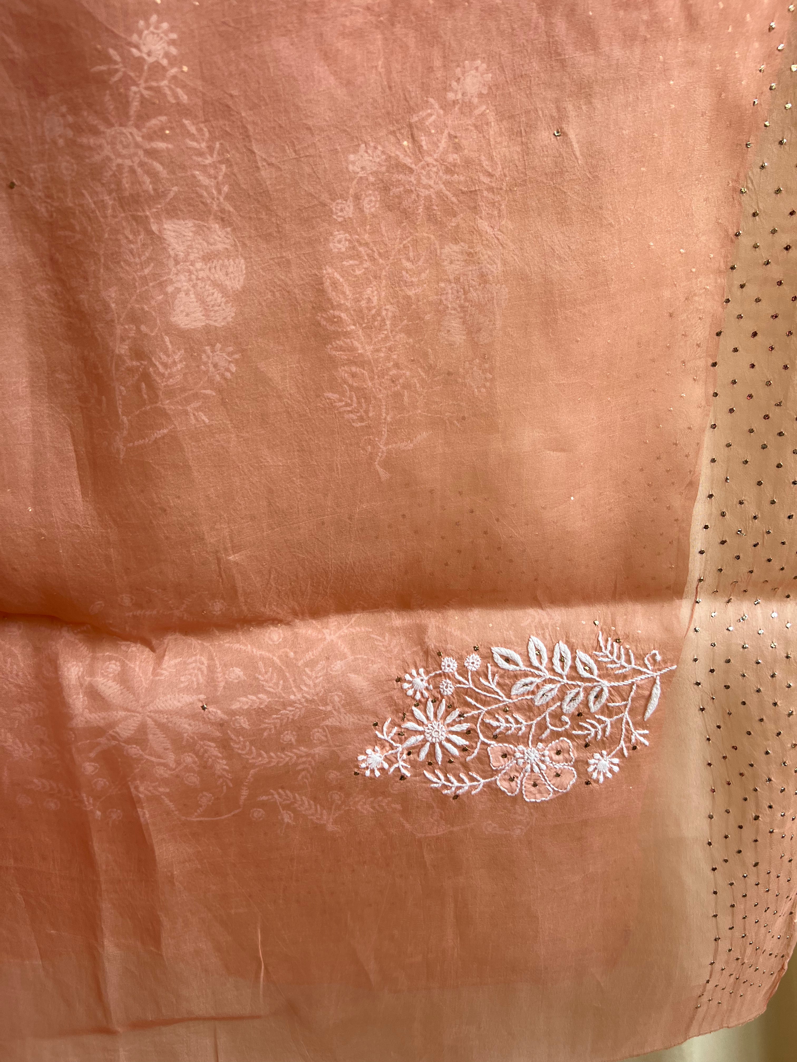 Pure organza Chikankari saree in Peach with Mukaish work ARIAA CHIKANKARI