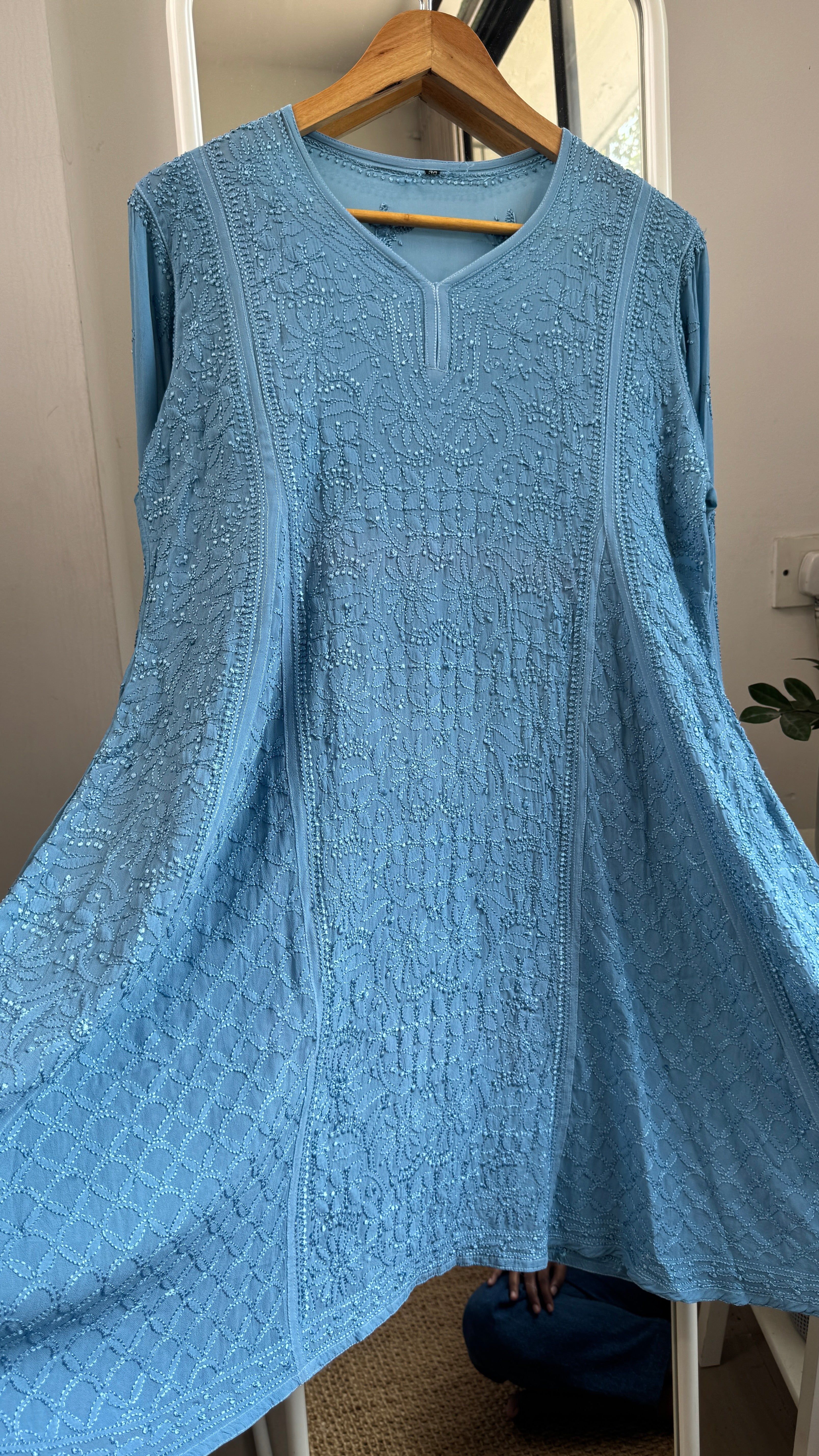 Viscose Chikankari Short Anarkali - Blue - Sahar Collection