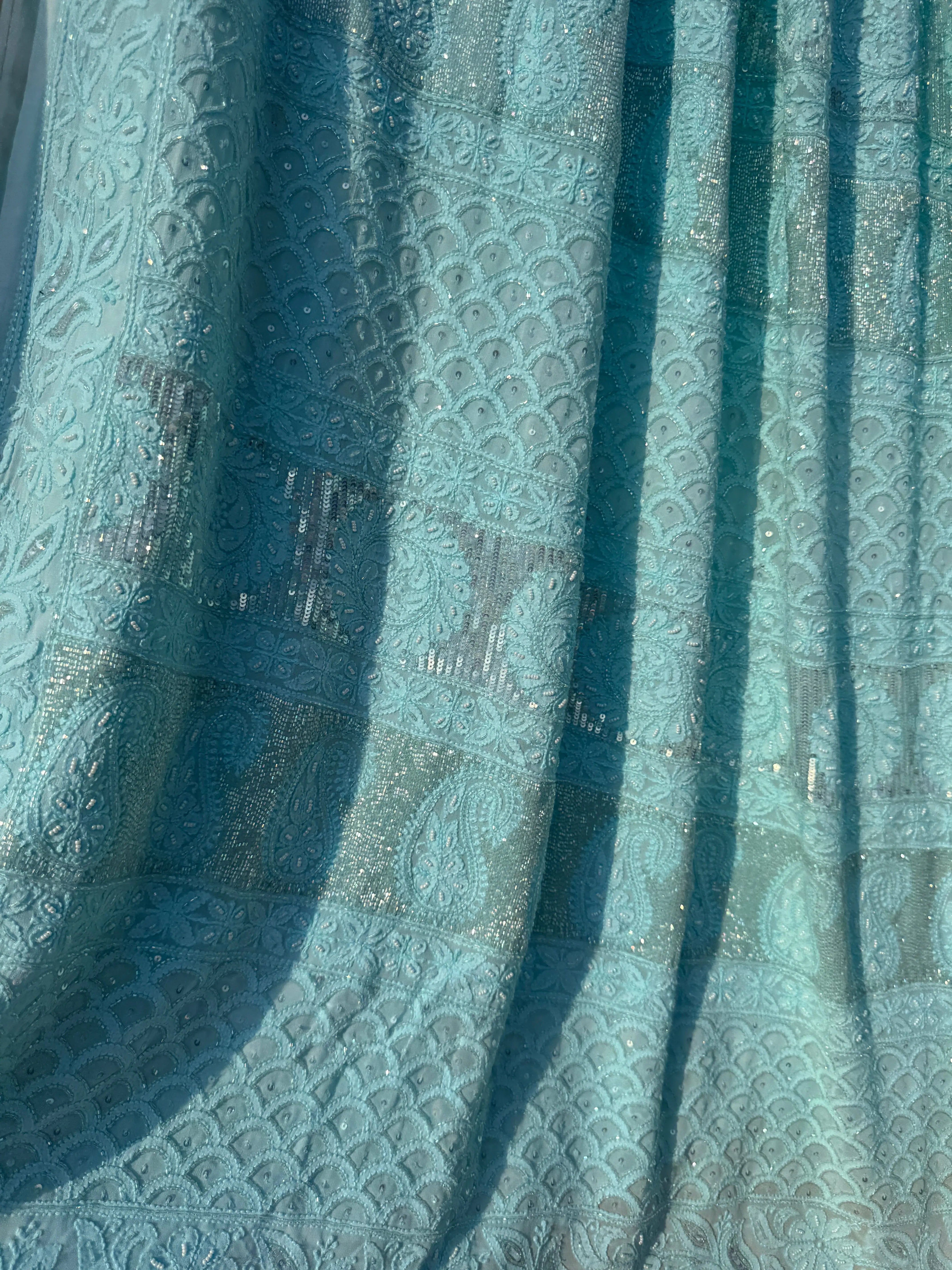 Viscose Blue Chikankari saree with Pearl embellishments ARIAA CHIKANKARI