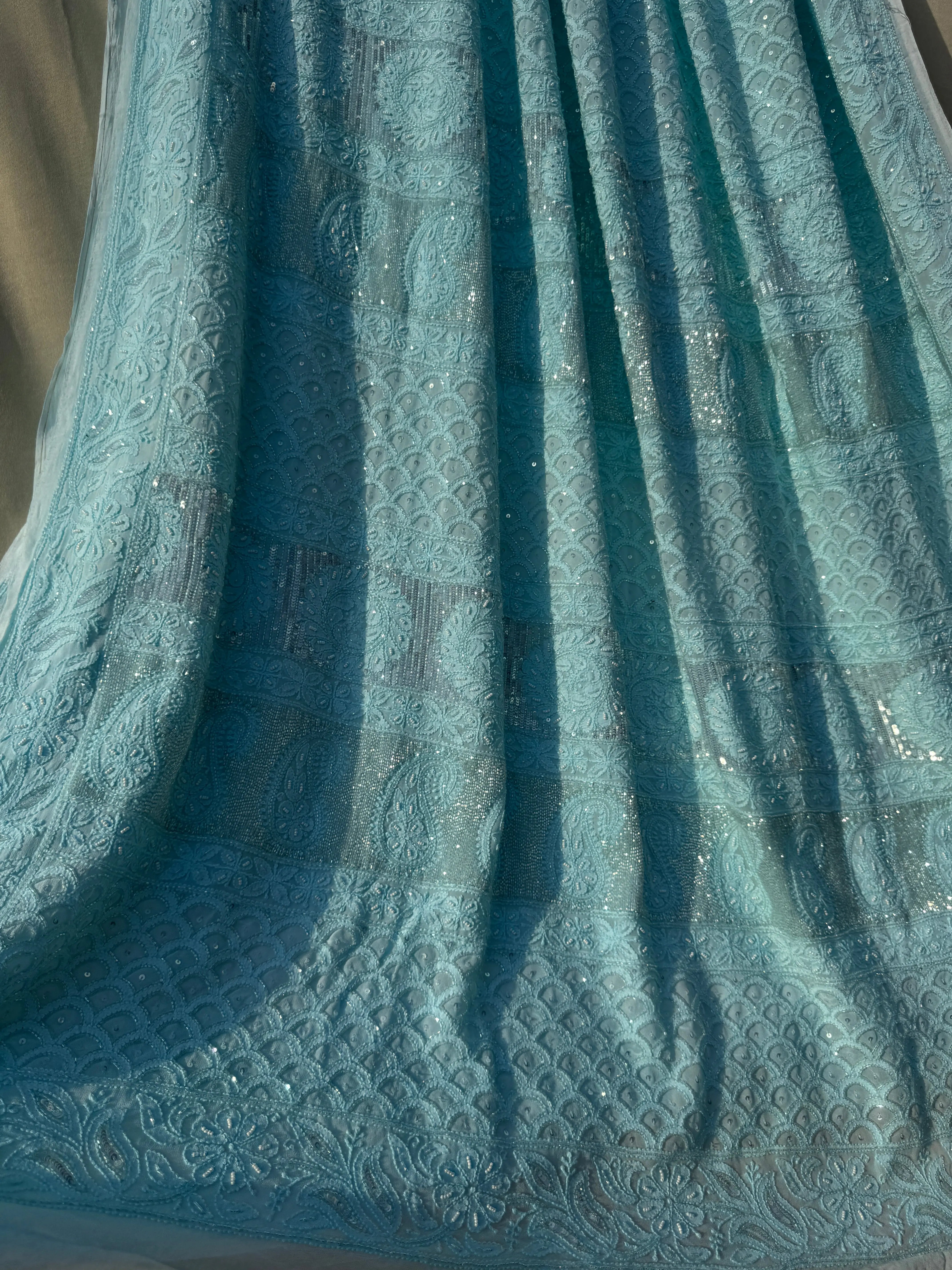 Viscose Blue Chikankari saree with Pearl embellishments ARIAA CHIKANKARI