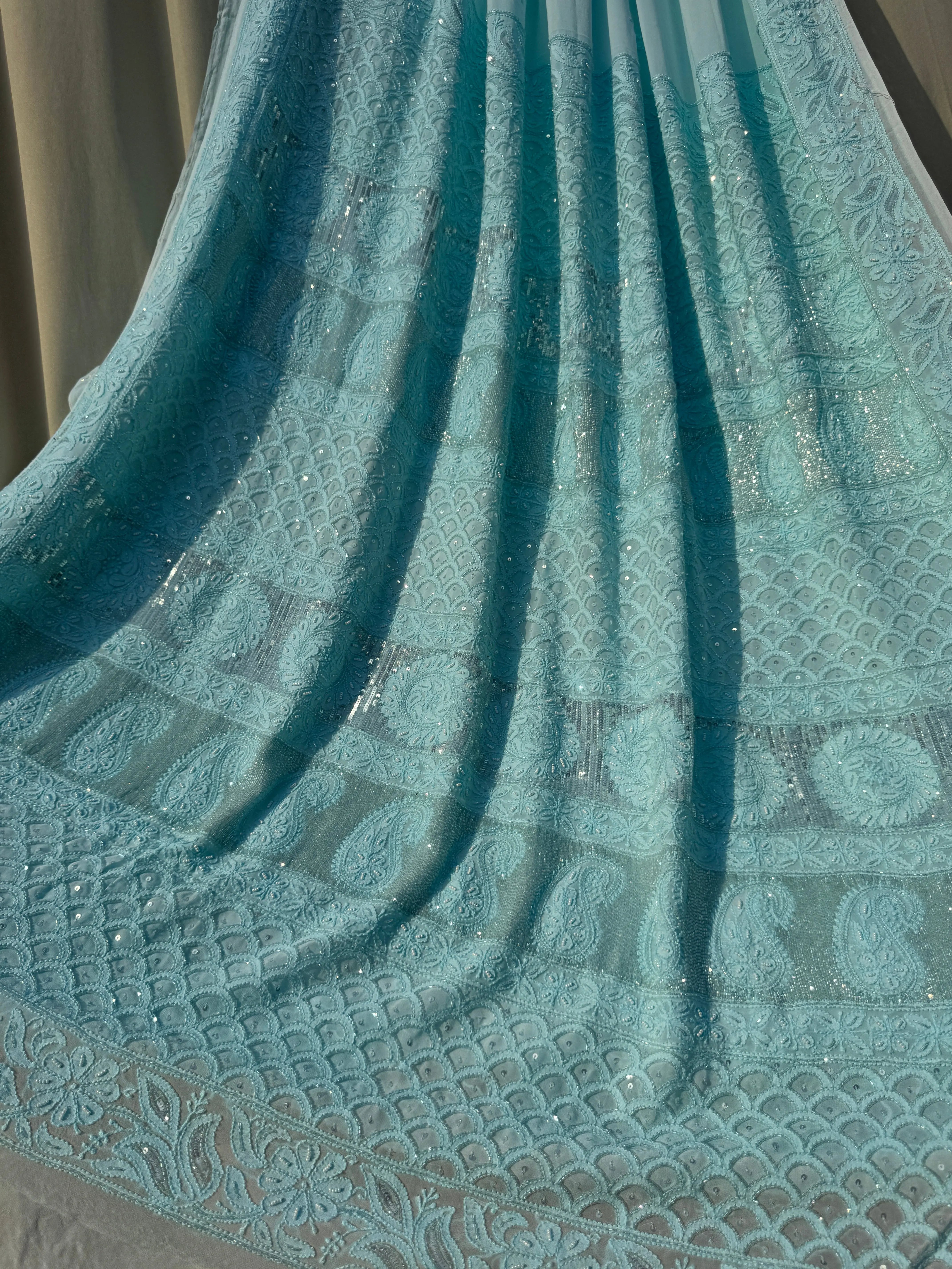 Viscose Blue Chikankari saree with Pearl embellishments ARIAA CHIKANKARI