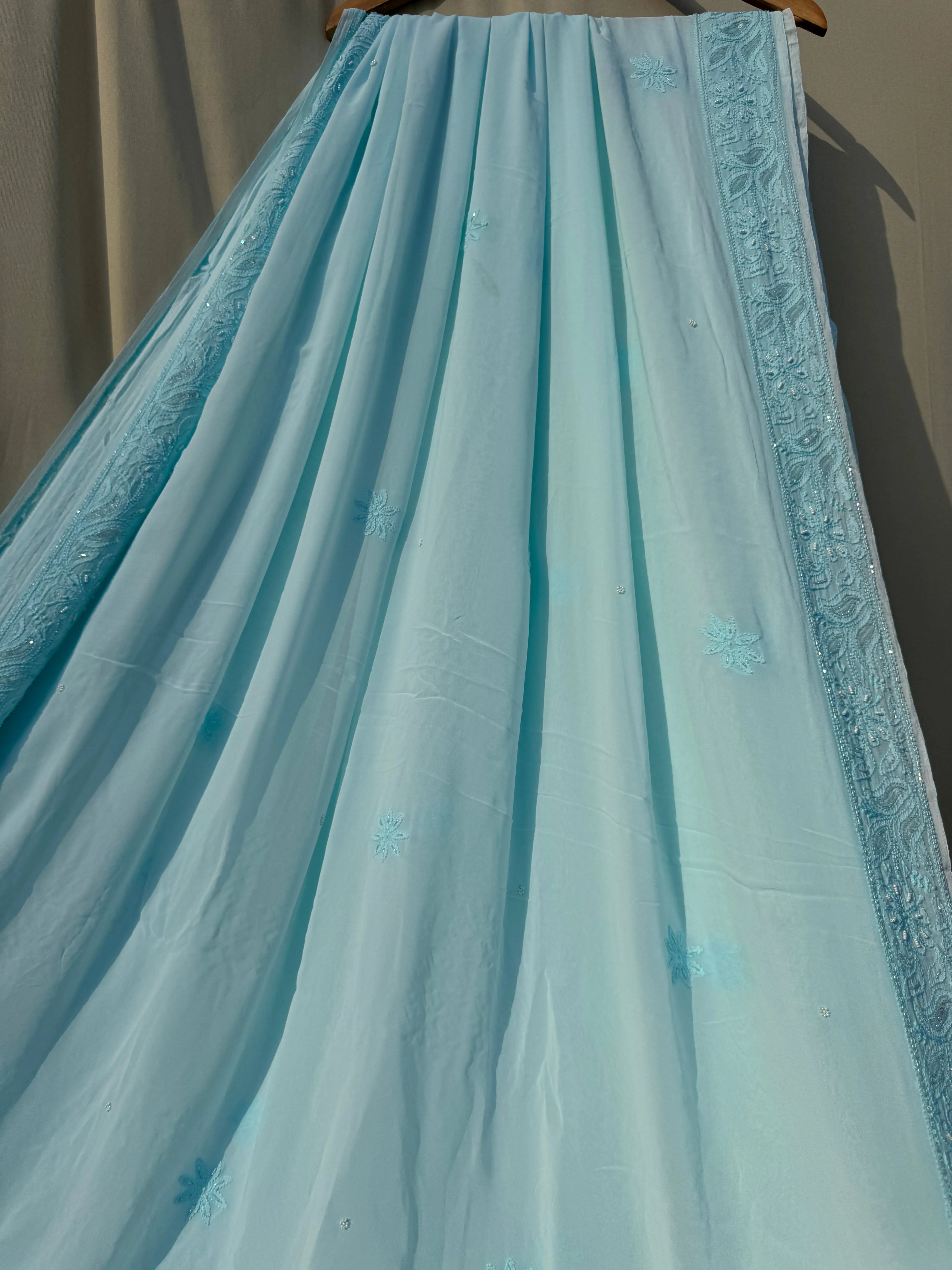 Viscose Blue Chikankari saree with Pearl embellishments ARIAA CHIKANKARI