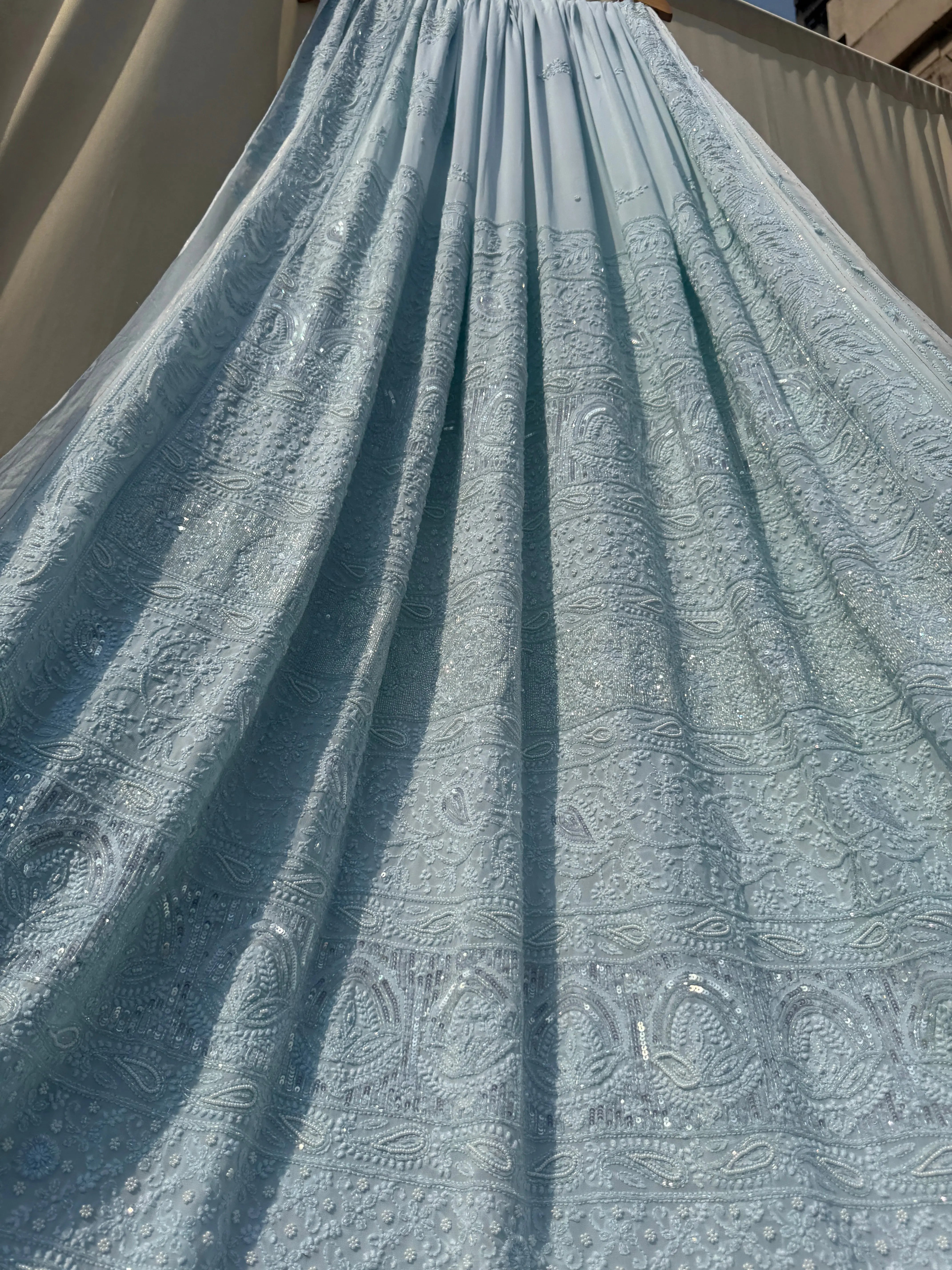 Viscose Baby Blue Chikankari saree with Pearl embellishments ARIAA CHIKANKARI