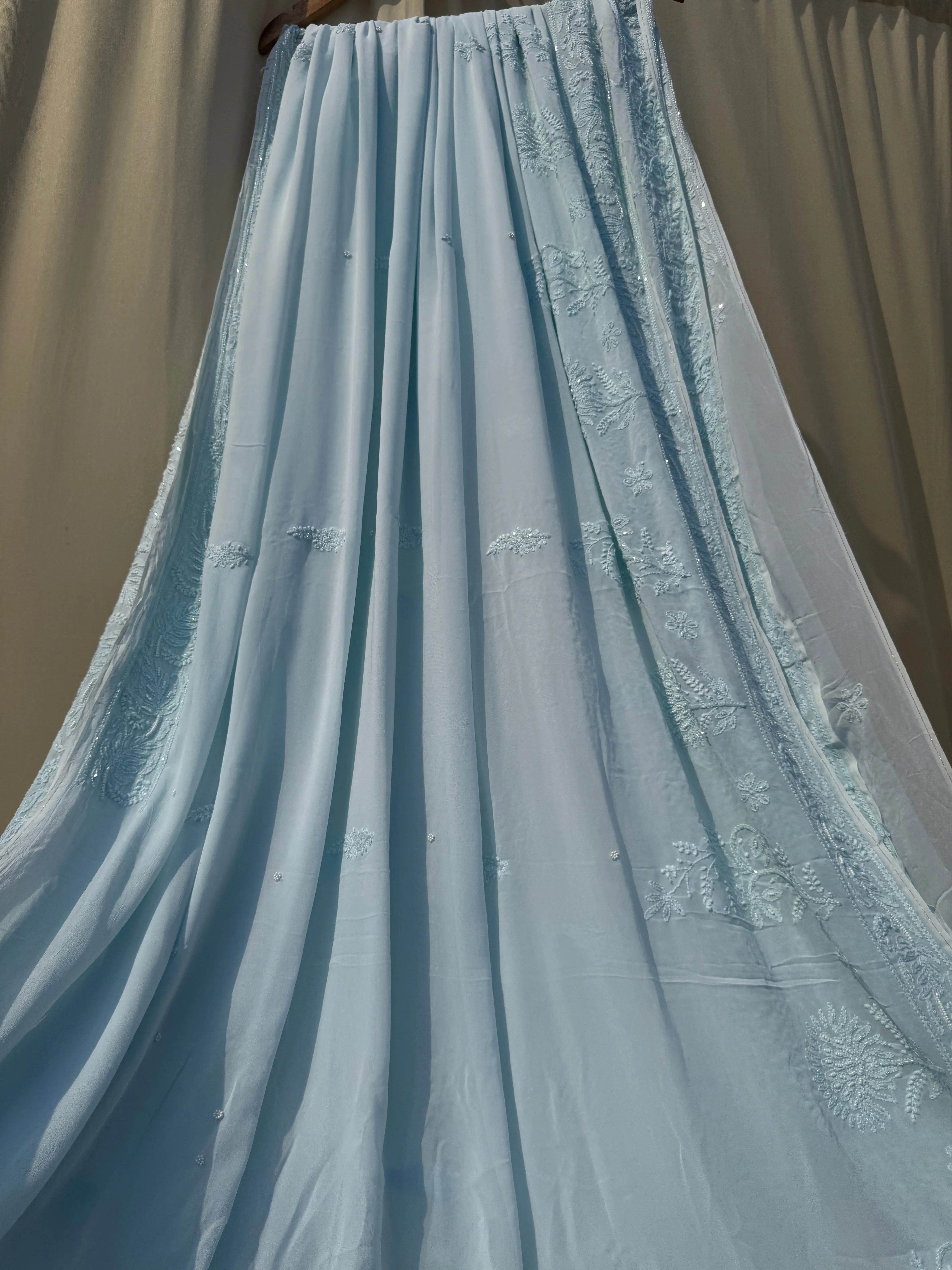 Viscose Baby Blue Chikankari saree with Pearl embellishments ARIAA CHIKANKARI