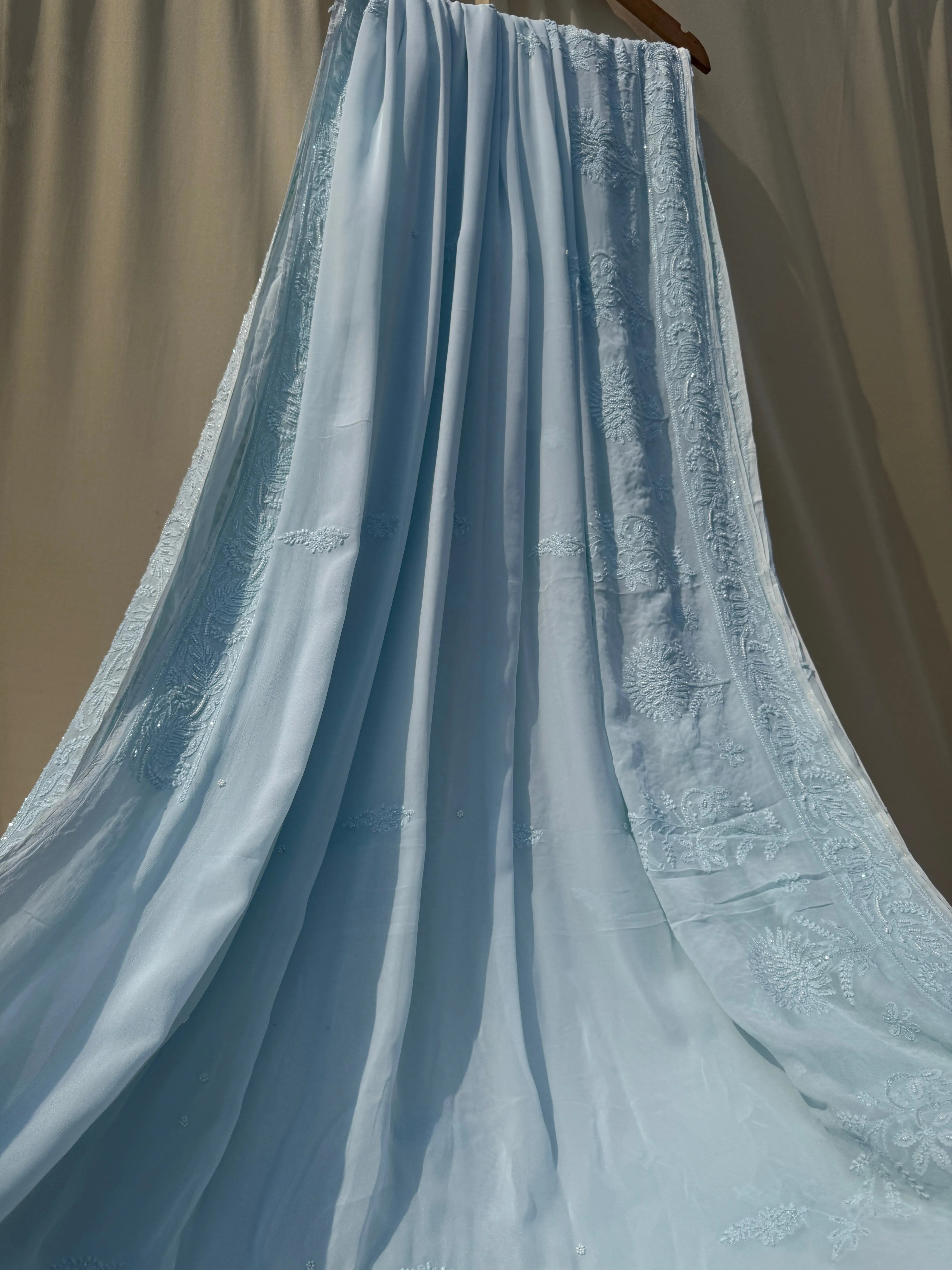 Viscose Baby Blue Chikankari saree with Pearl embellishments ARIAA CHIKANKARI