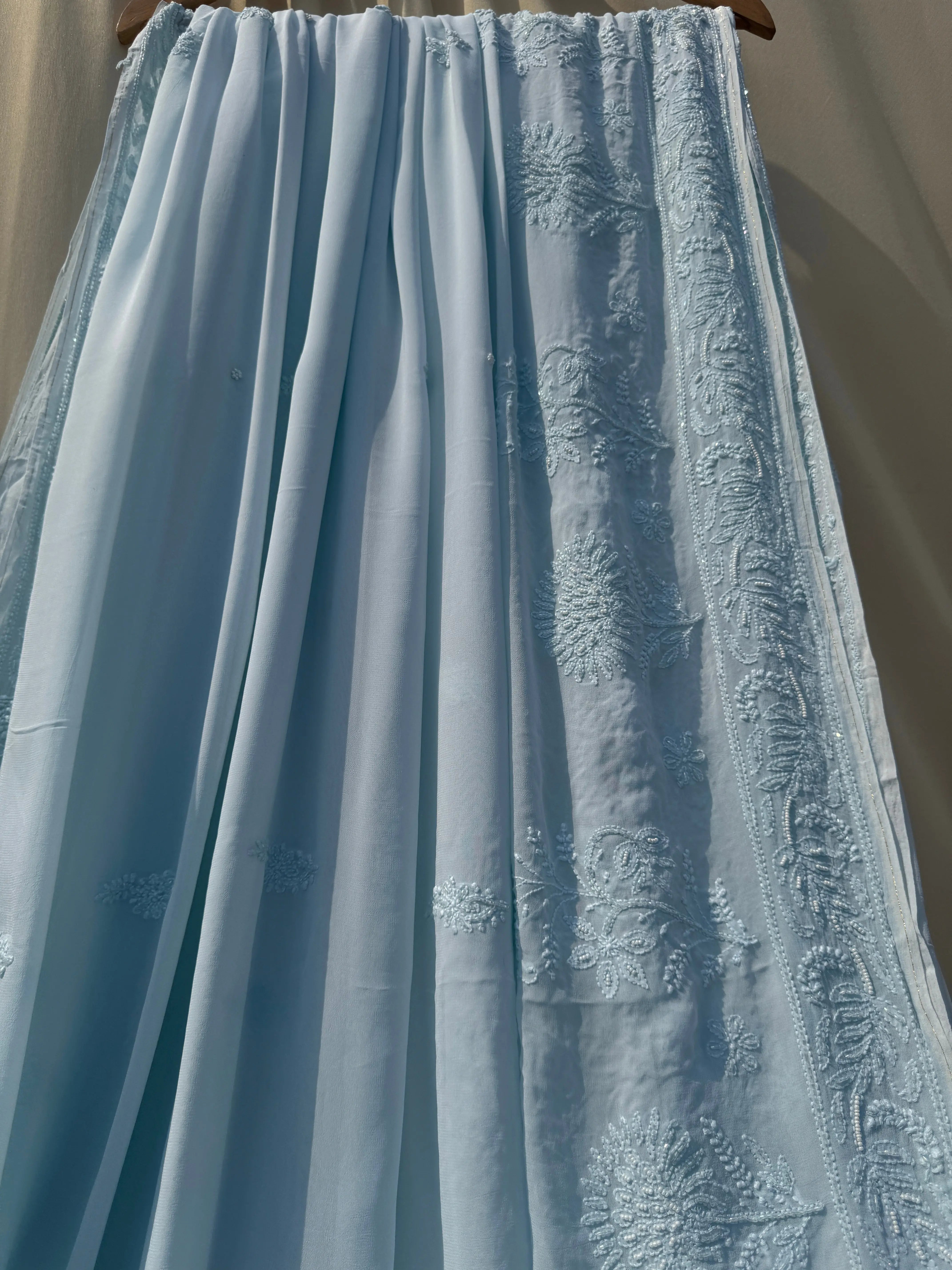 Viscose Baby Blue Chikankari saree with Pearl embellishments ARIAA CHIKANKARI