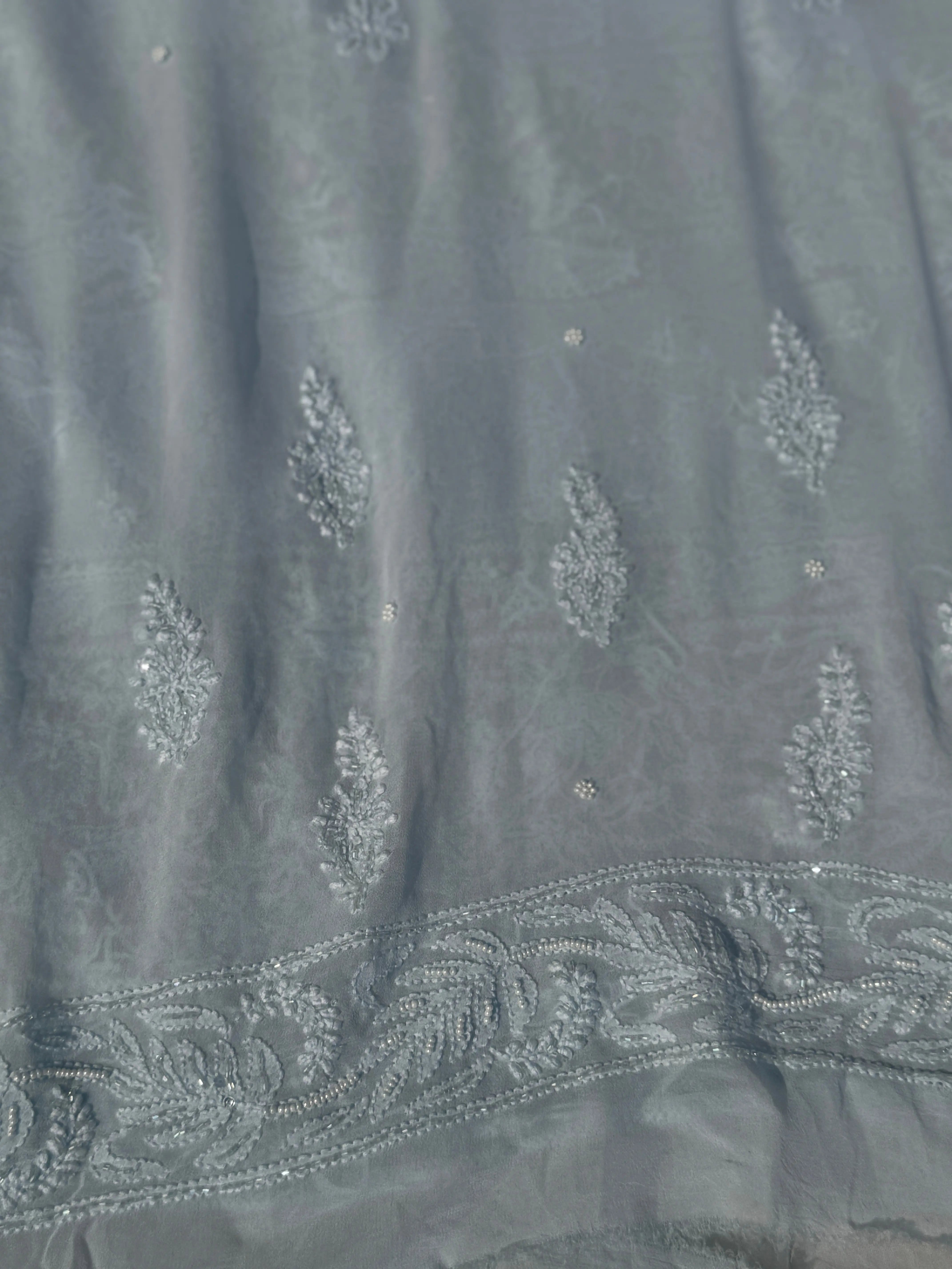 Viscose Baby Blue Chikankari saree with Pearl embellishments ARIAA CHIKANKARI