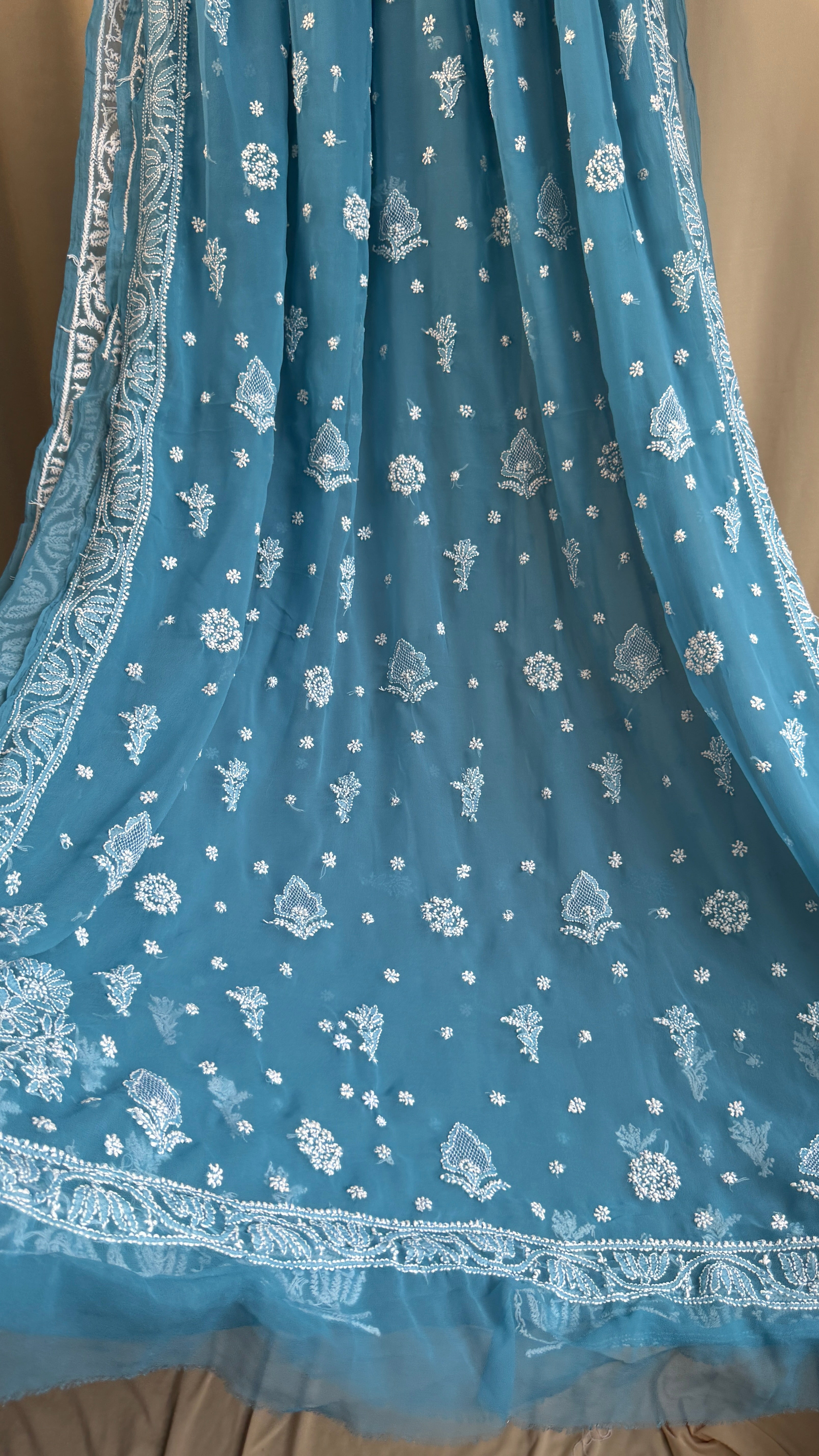 Georgette Chikankari saree in Ocean Blue