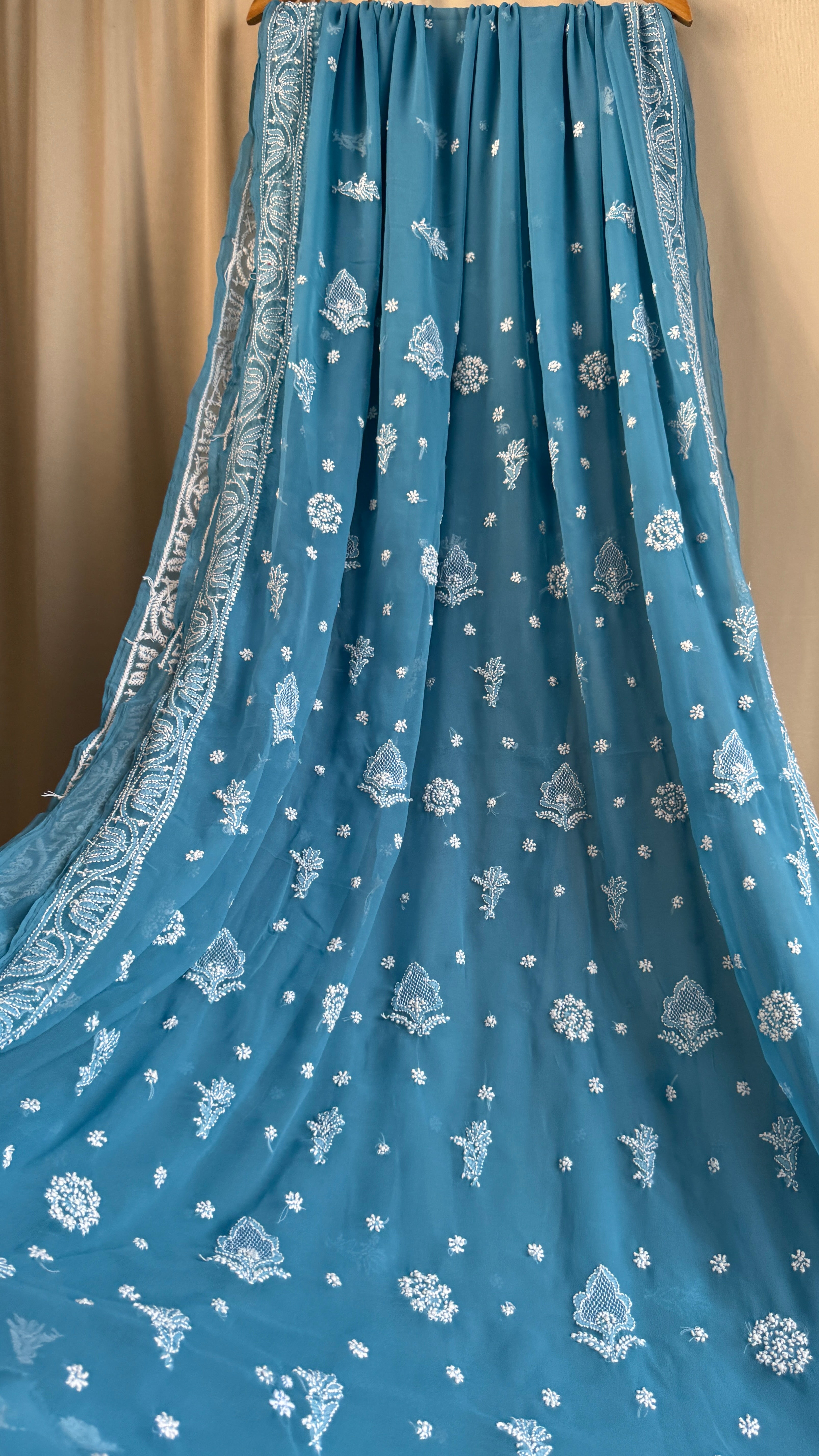 Georgette Chikankari saree in Ocean Blue