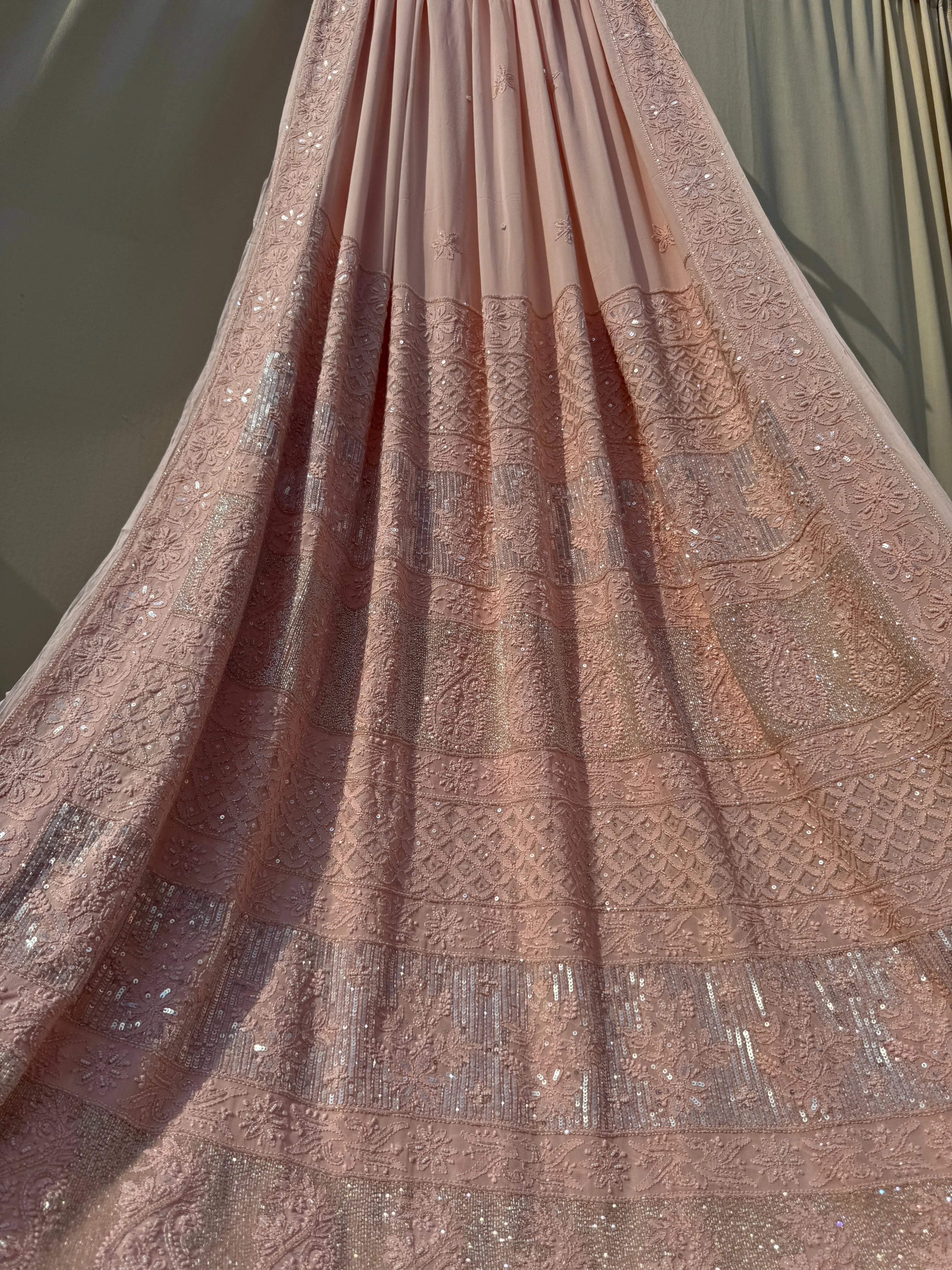 Viscose Peach Chikankari saree with Pearl embellishments ARIAA CHIKANKARI