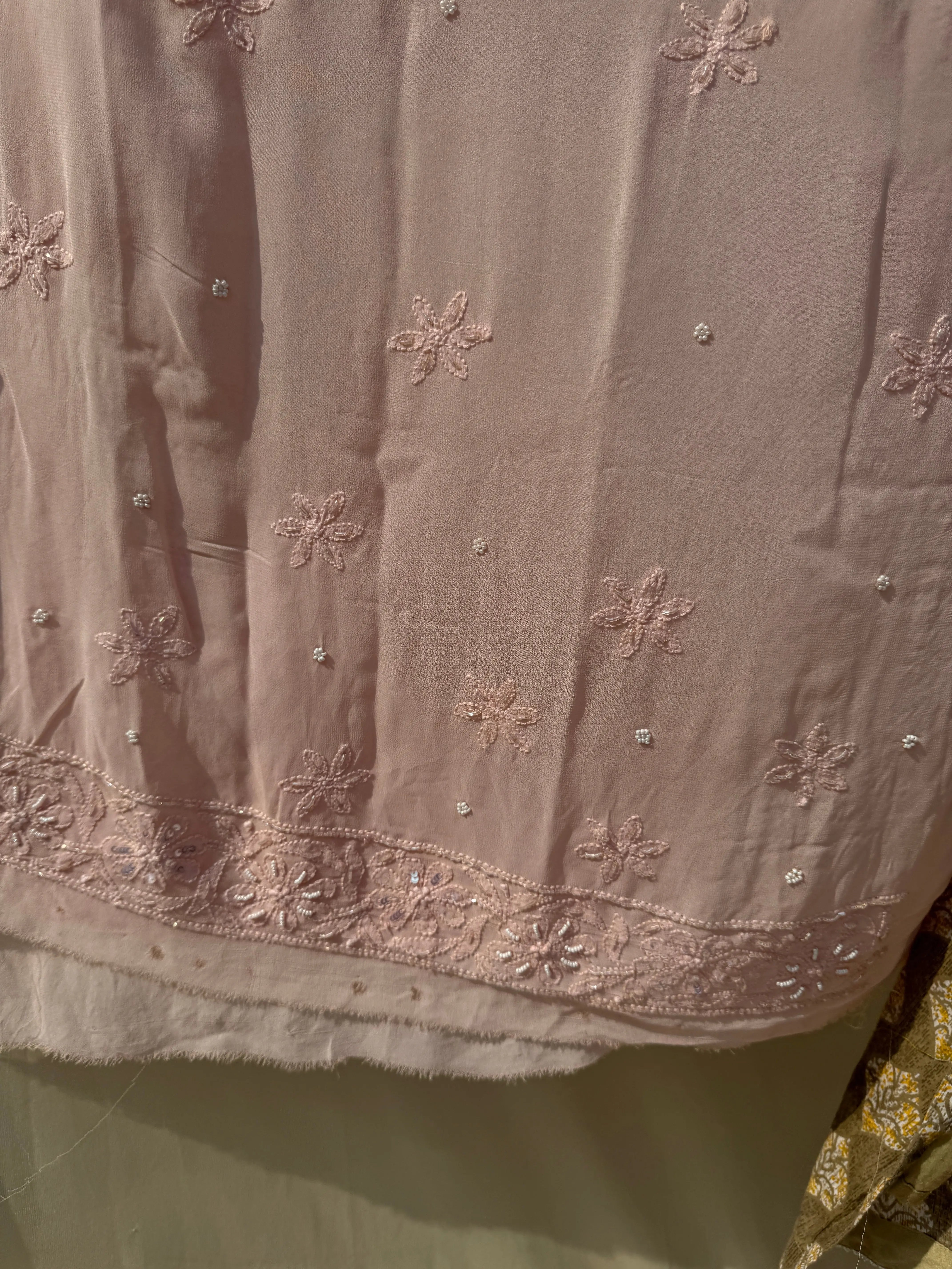Viscose Peach Chikankari saree with Pearl embellishments ARIAA CHIKANKARI