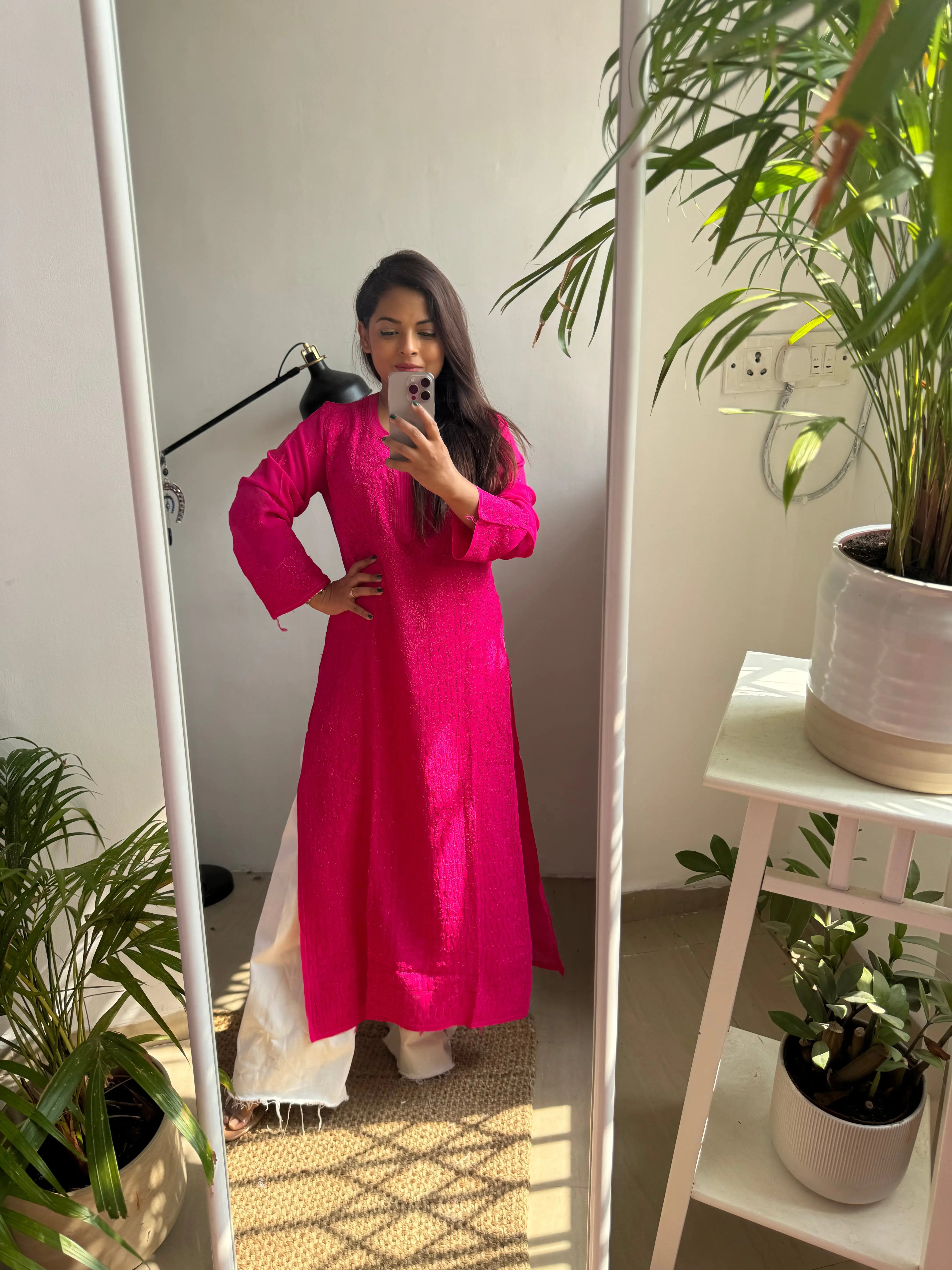 Viscose Kurti - Hot Pink ARIAA CHIKANKARI