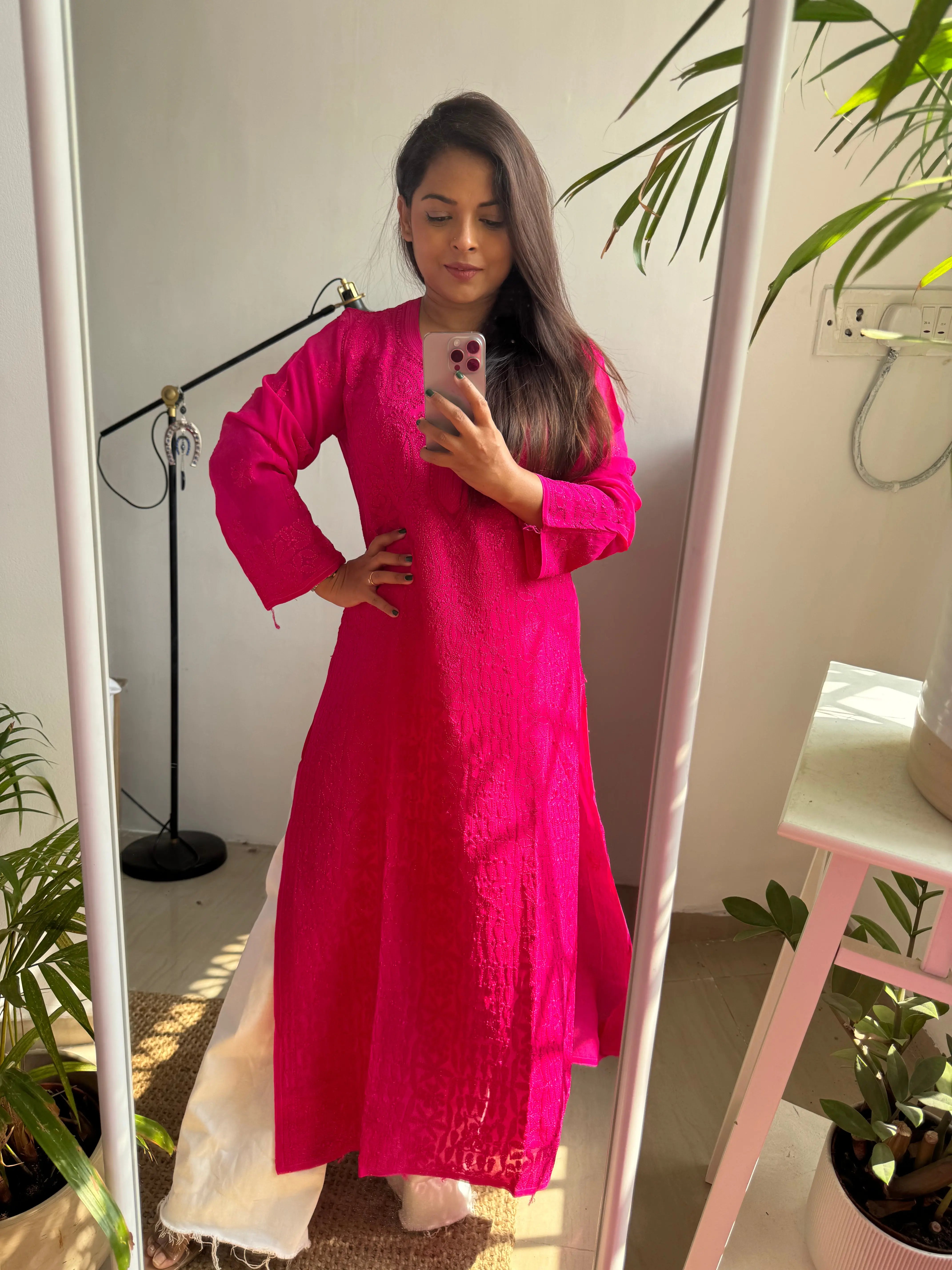 Viscose Kurti - Hot Pink ARIAA CHIKANKARI