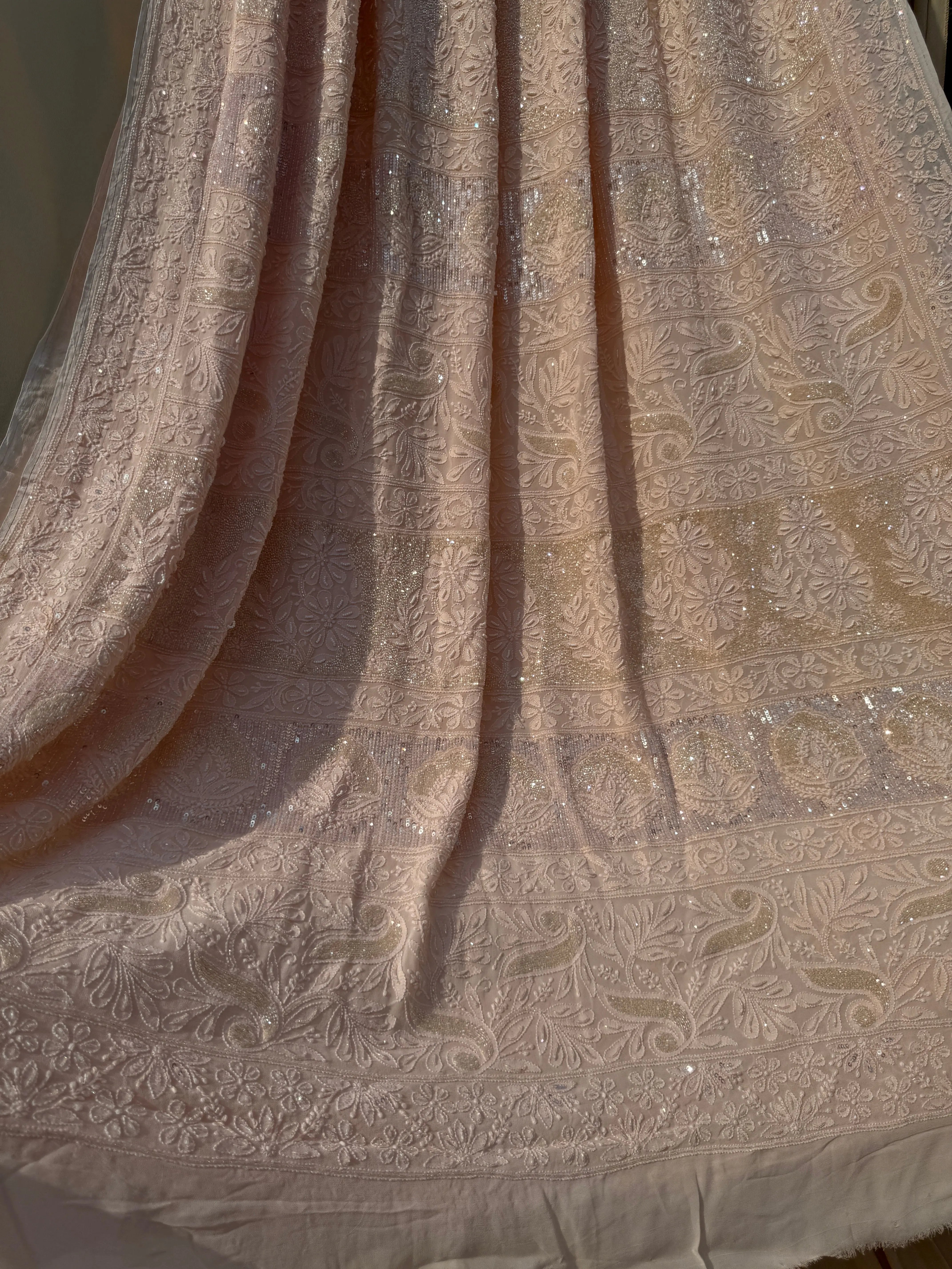 Viscose Peach Chikankari saree with Pearl embellishments ARIAA CHIKANKARI