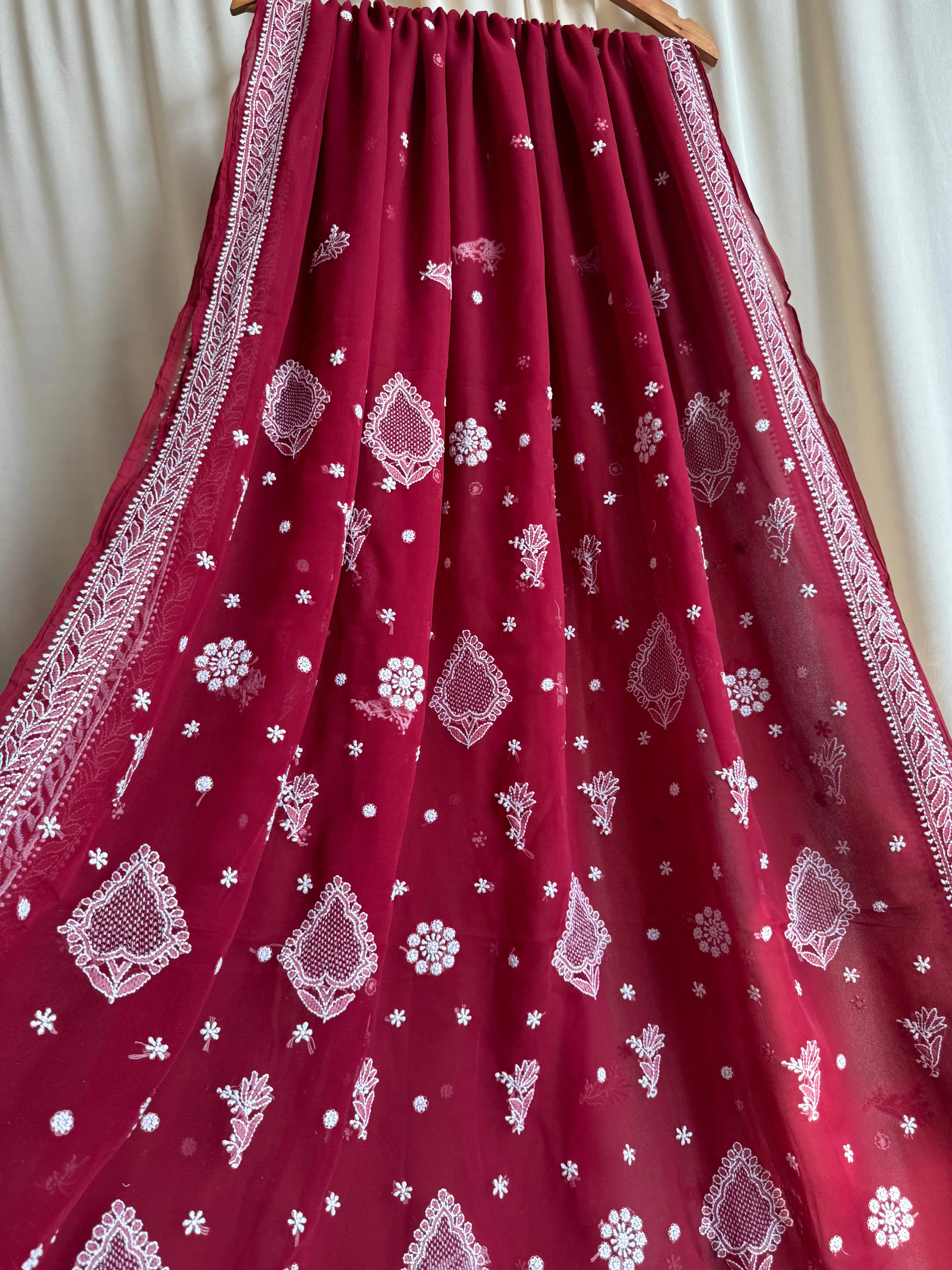 Georgette Chikankari saree in Marron ARIAA CHIKANKARI