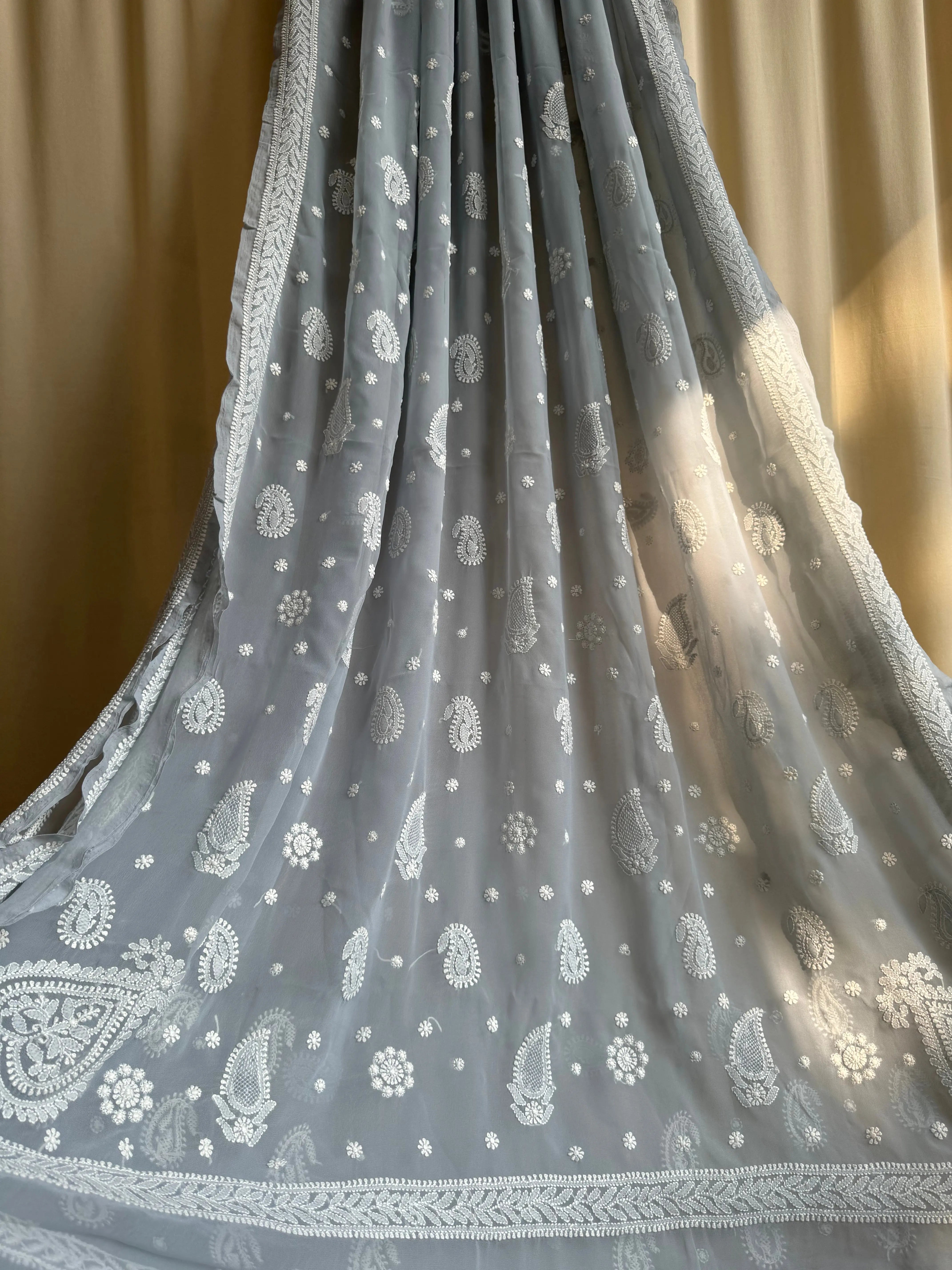 Georgette Chikankari saree in Grey ARIAA CHIKANKARI