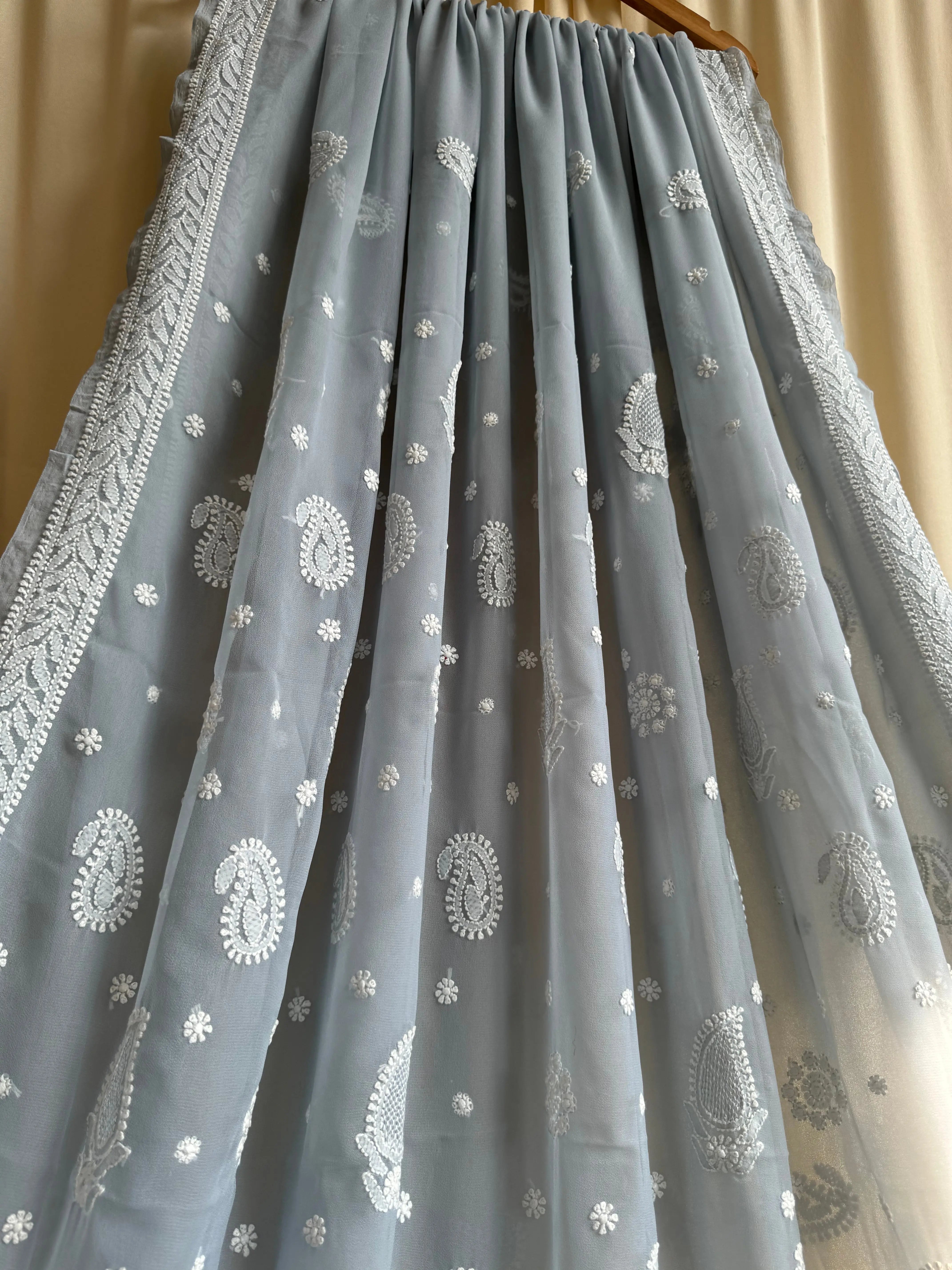 Georgette Chikankari saree in Grey ARIAA CHIKANKARI