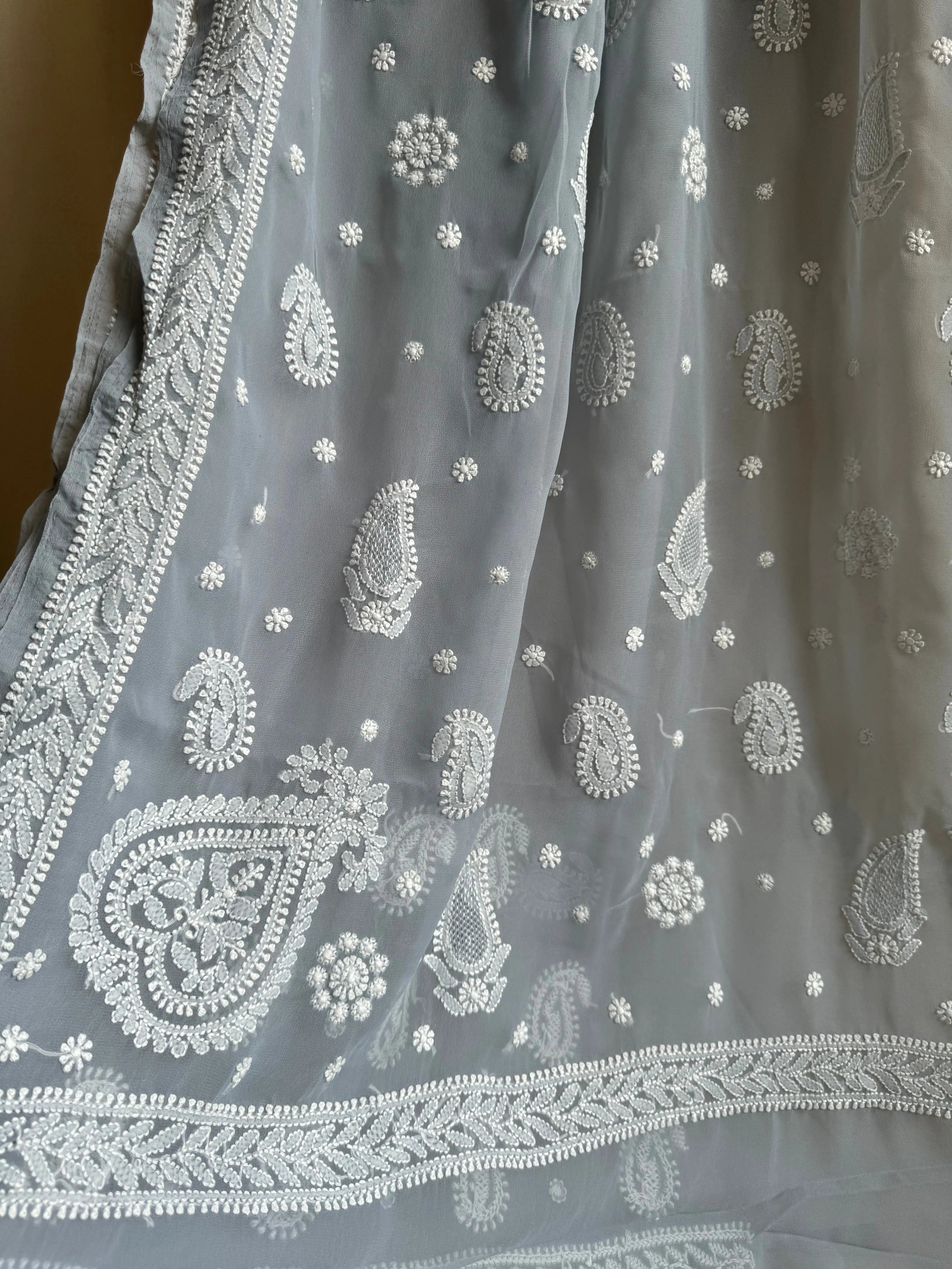 Georgette Chikankari saree in Grey ARIAA CHIKANKARI