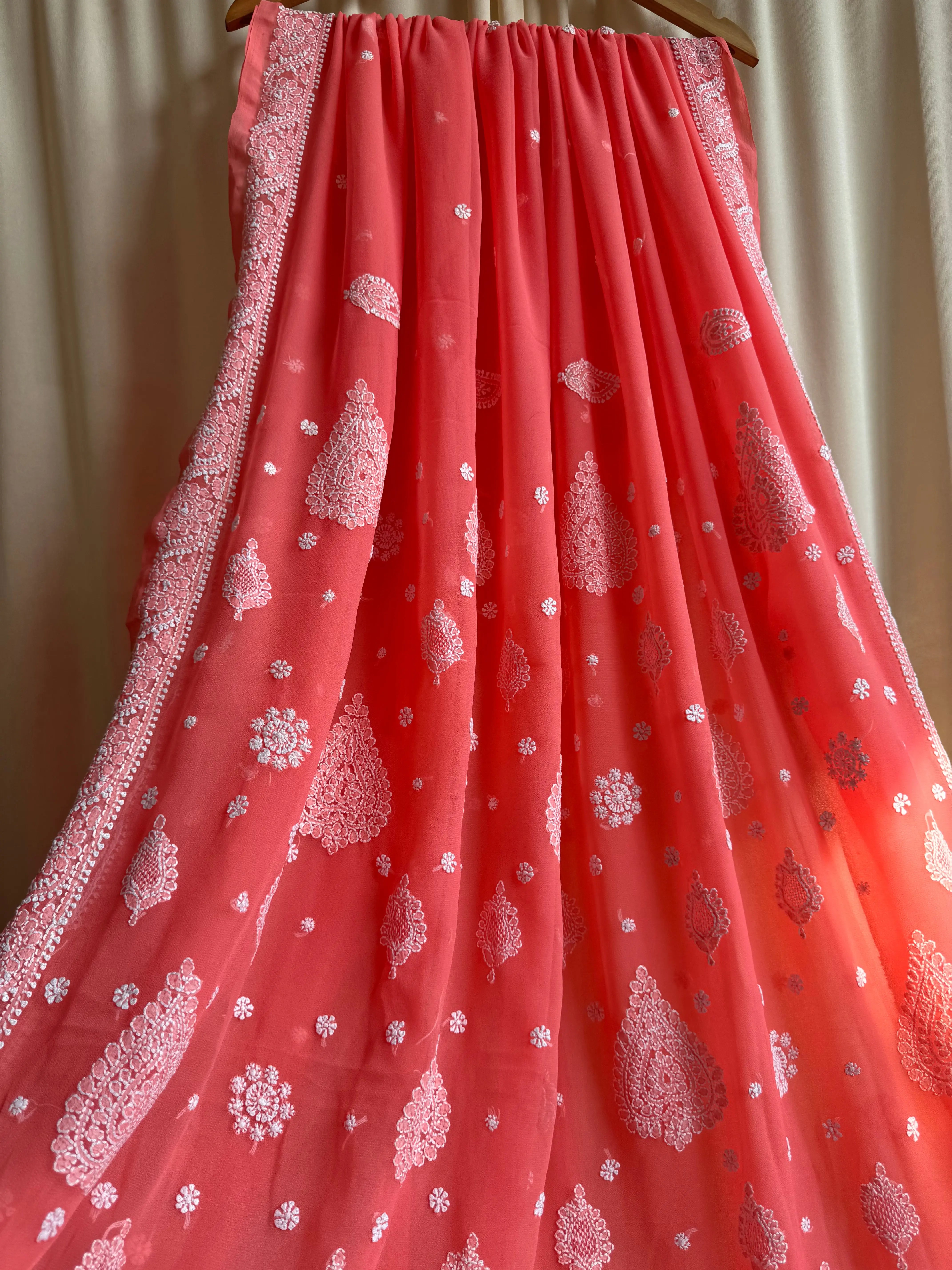 Georgette Chikankari saree in Carrot Pink ARIAA CHIKANKARI