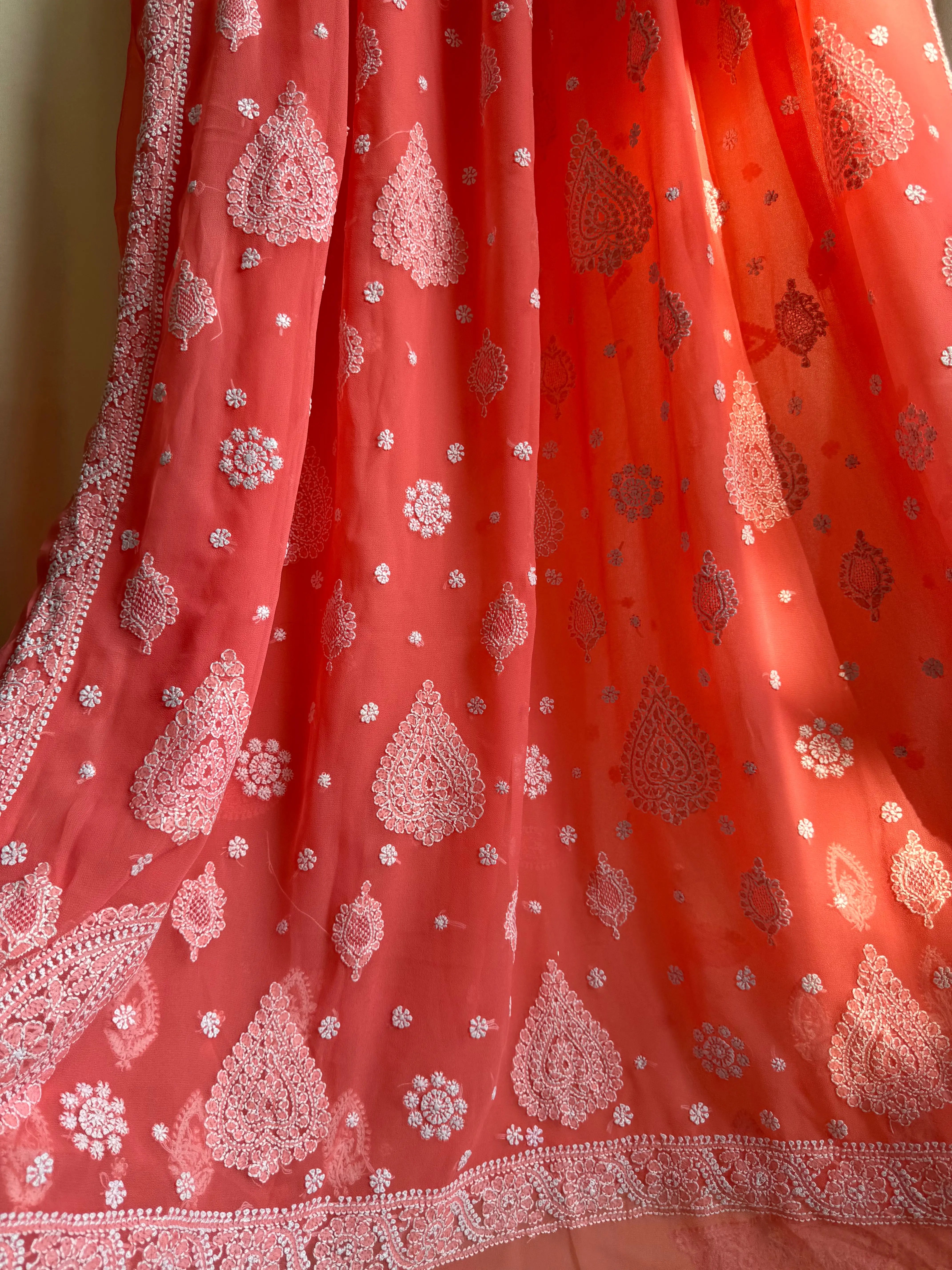 Georgette Chikankari saree in Carrot Pink ARIAA CHIKANKARI