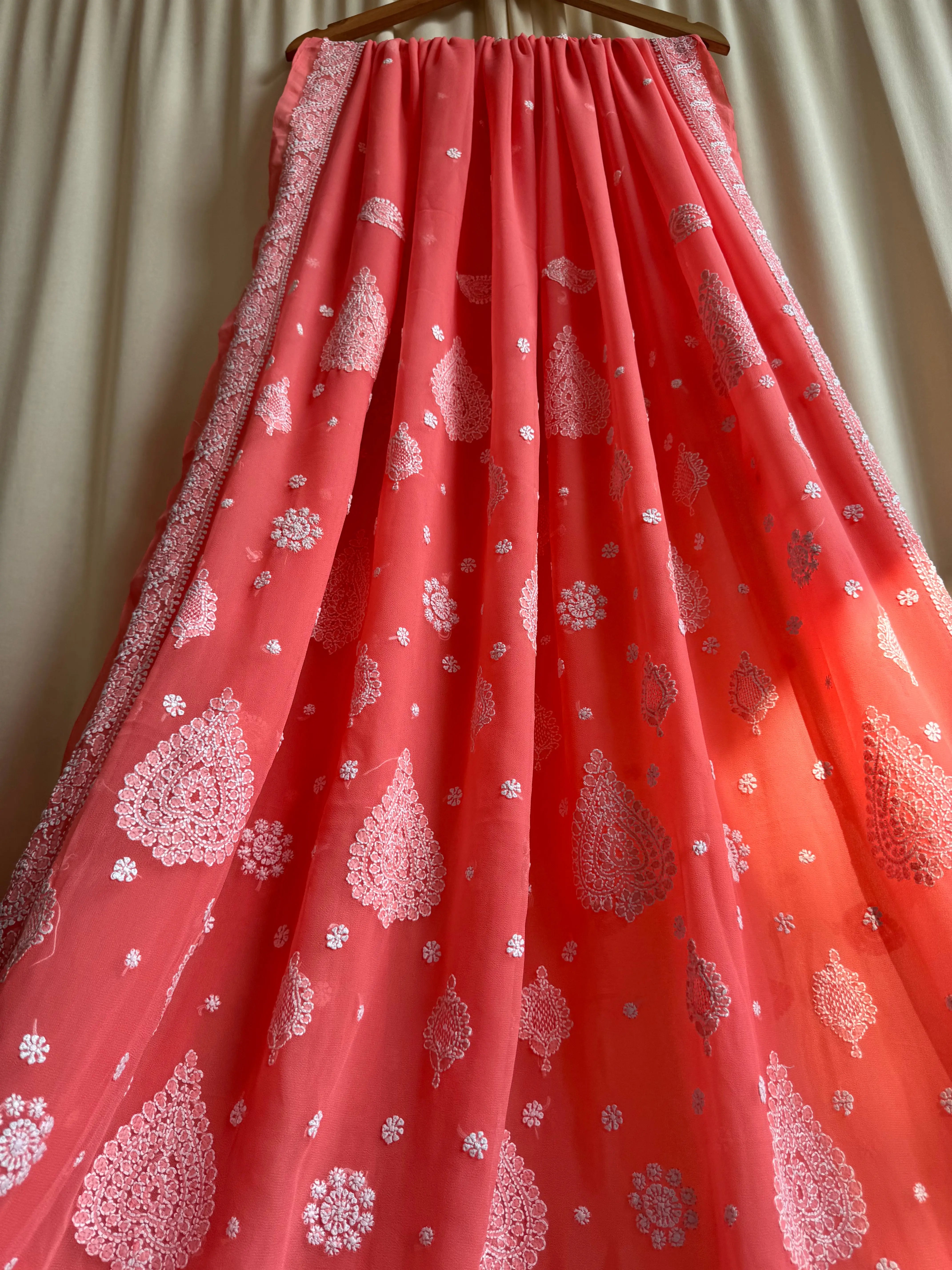 Georgette Chikankari saree in Carrot Pink ARIAA CHIKANKARI