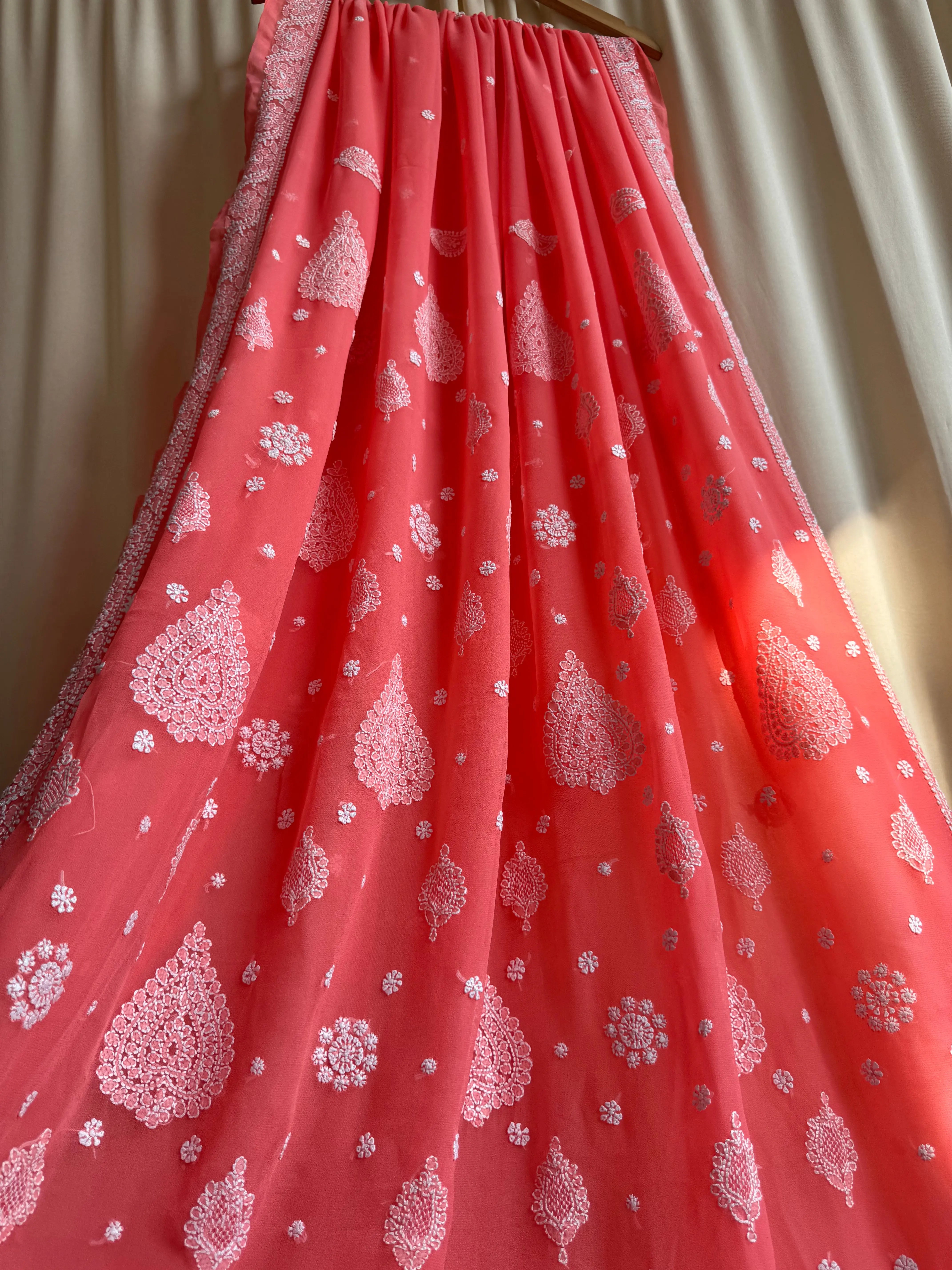 Georgette Chikankari saree in Carrot Pink ARIAA CHIKANKARI