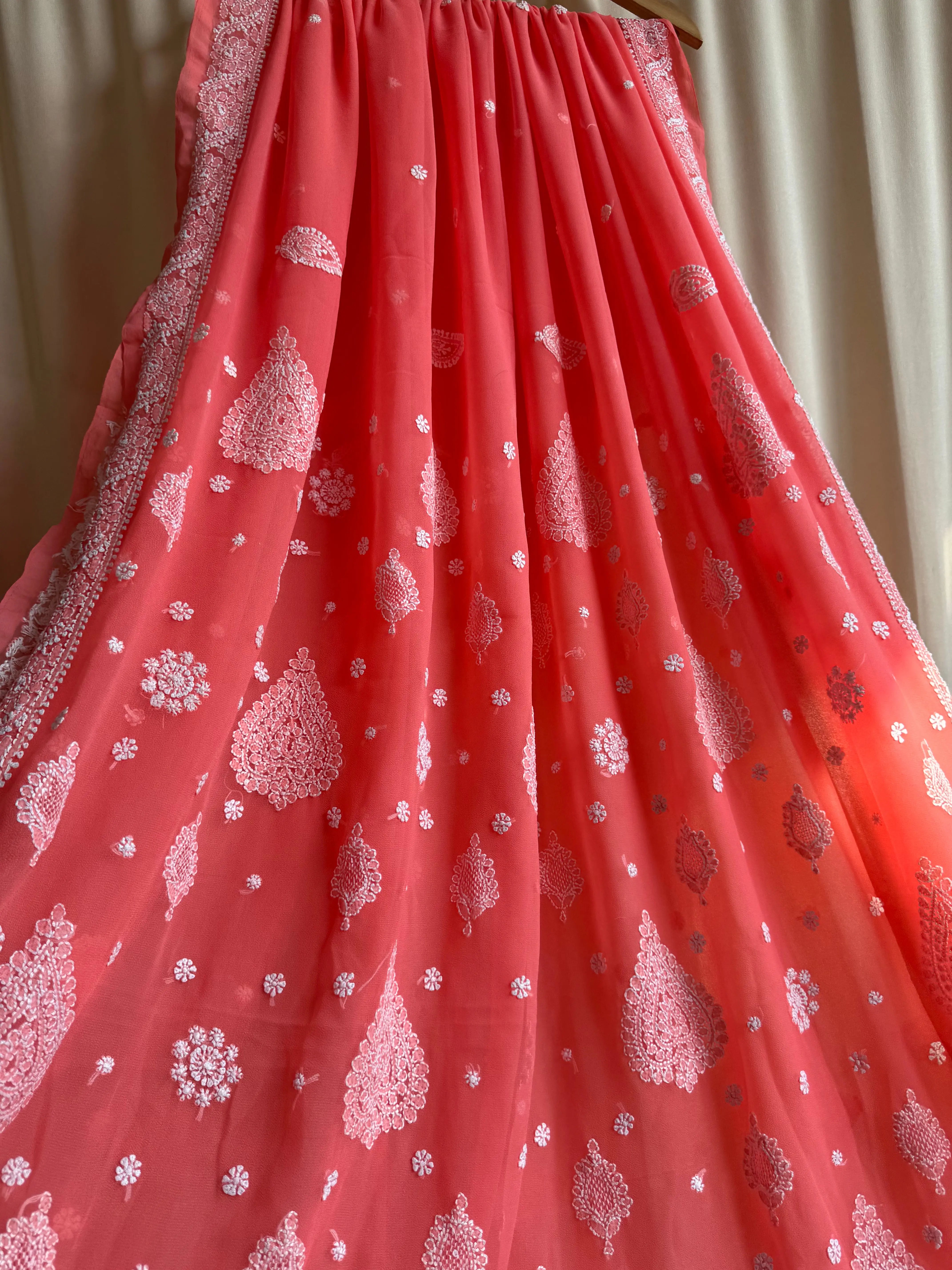 Georgette Chikankari saree in Carrot Pink ARIAA CHIKANKARI