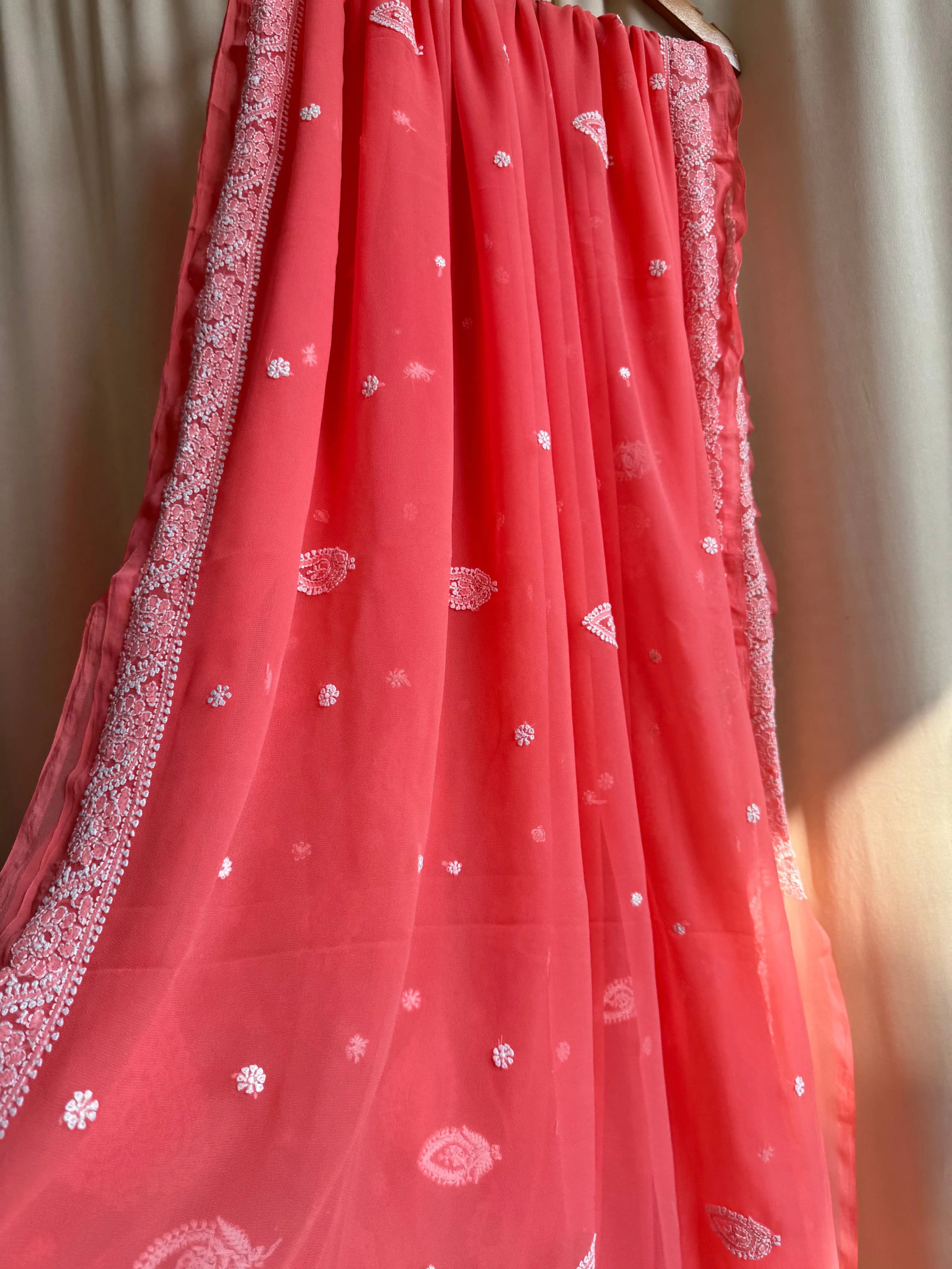Georgette Chikankari saree in Carrot Pink ARIAA CHIKANKARI
