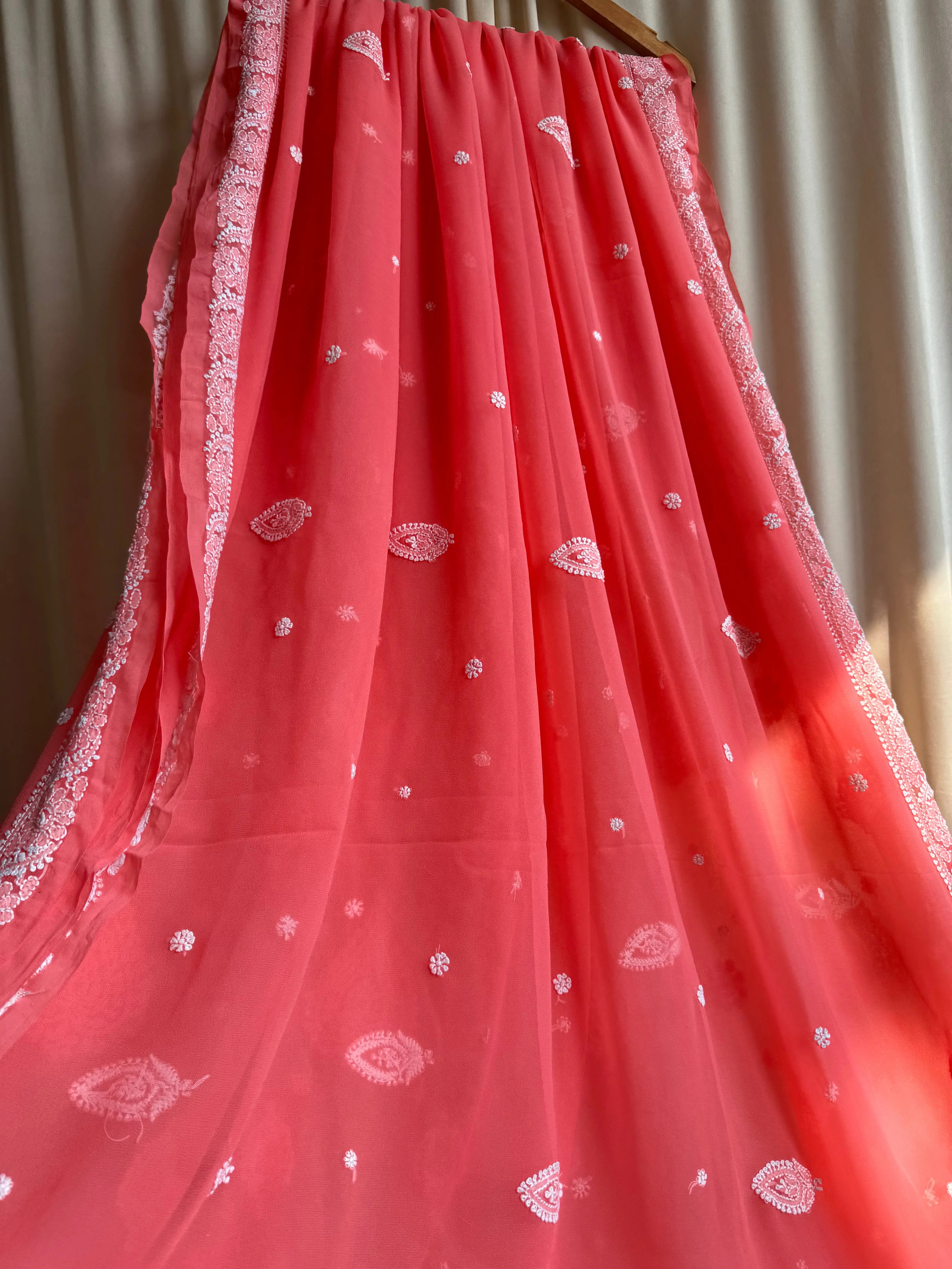 Georgette Chikankari saree in Carrot Pink ARIAA CHIKANKARI