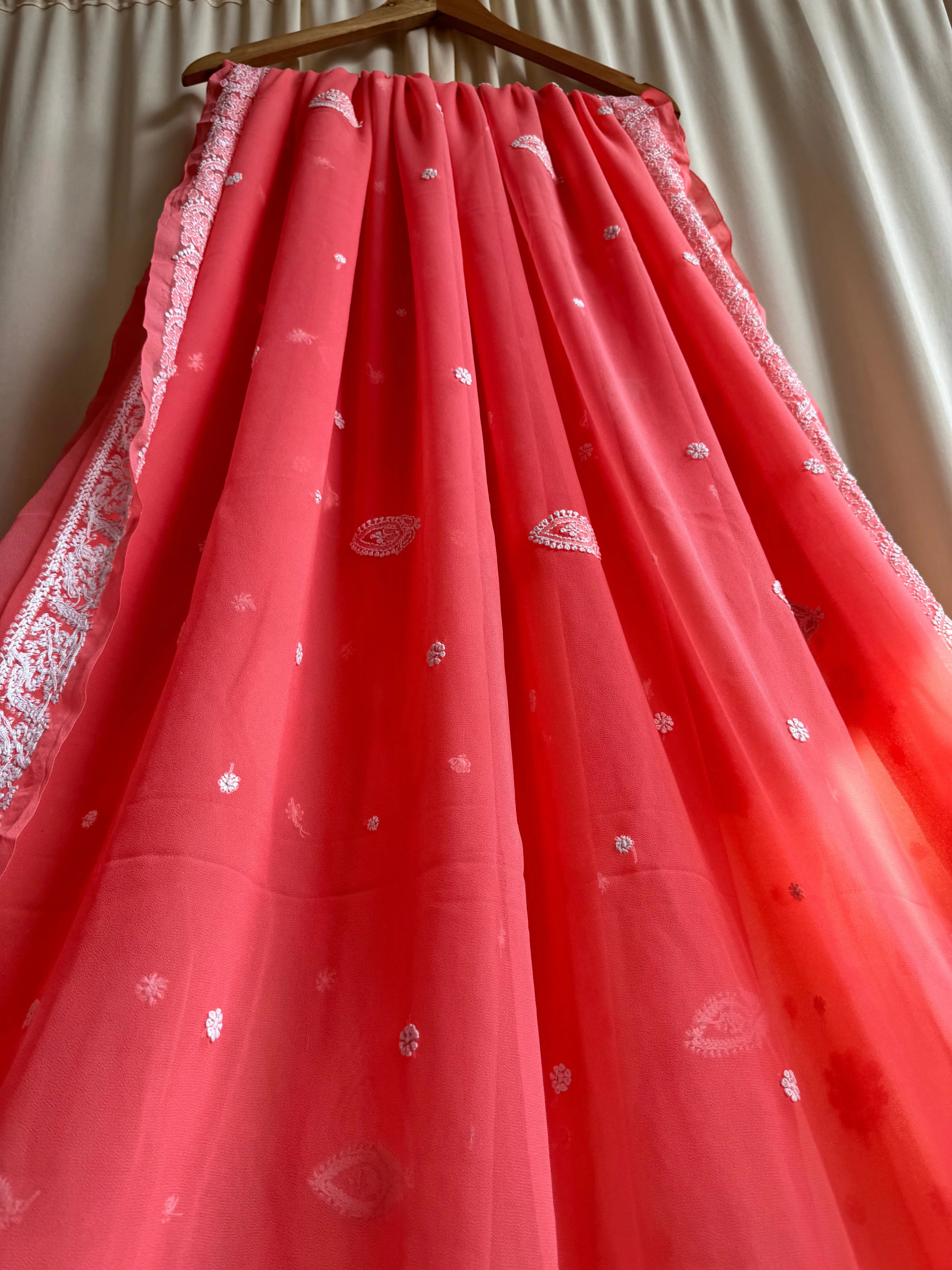 Georgette Chikankari saree in Carrot Pink ARIAA CHIKANKARI