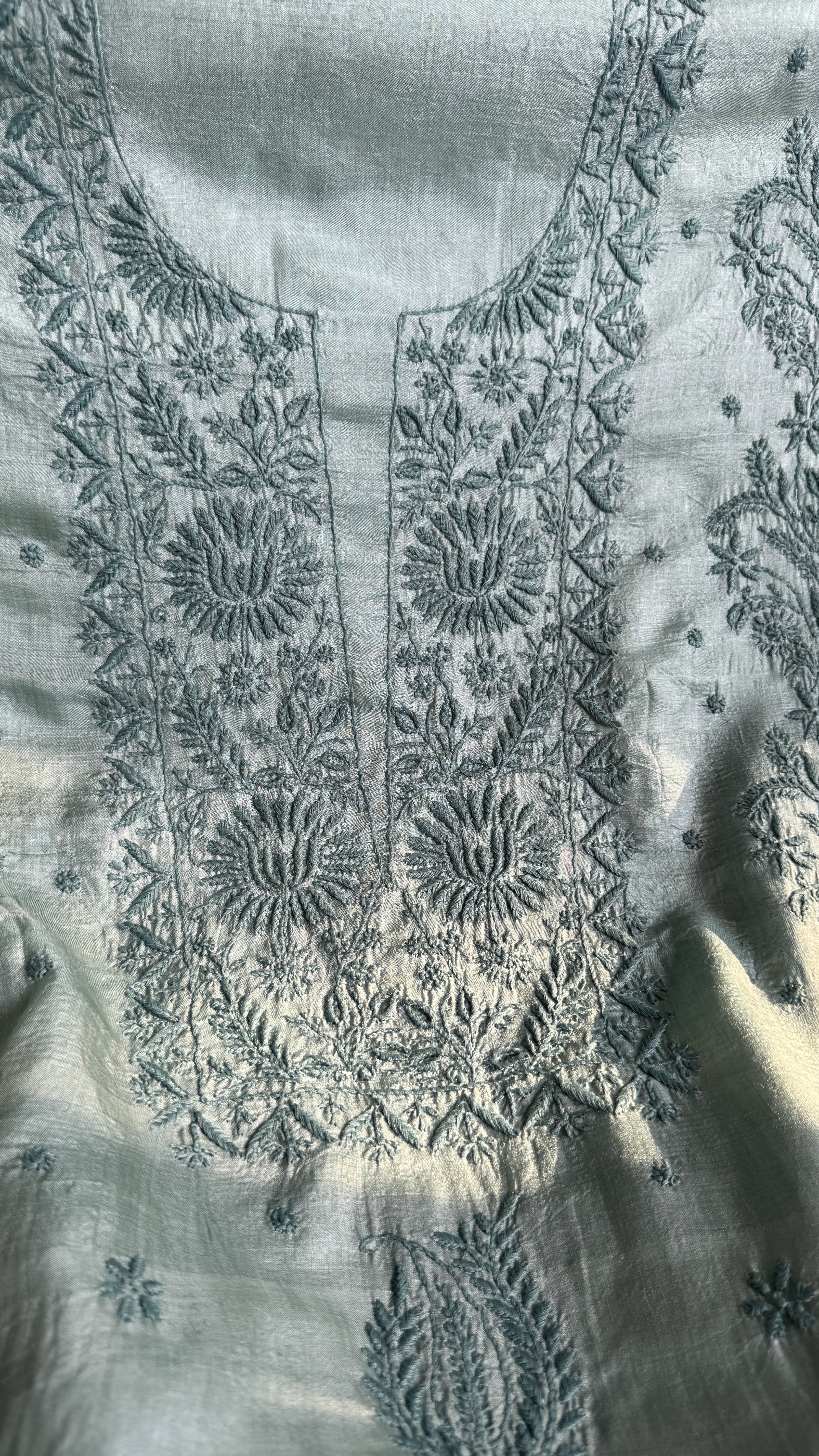 Pure Tussar Silk Chikankari Length with Dupatta - Teal Green