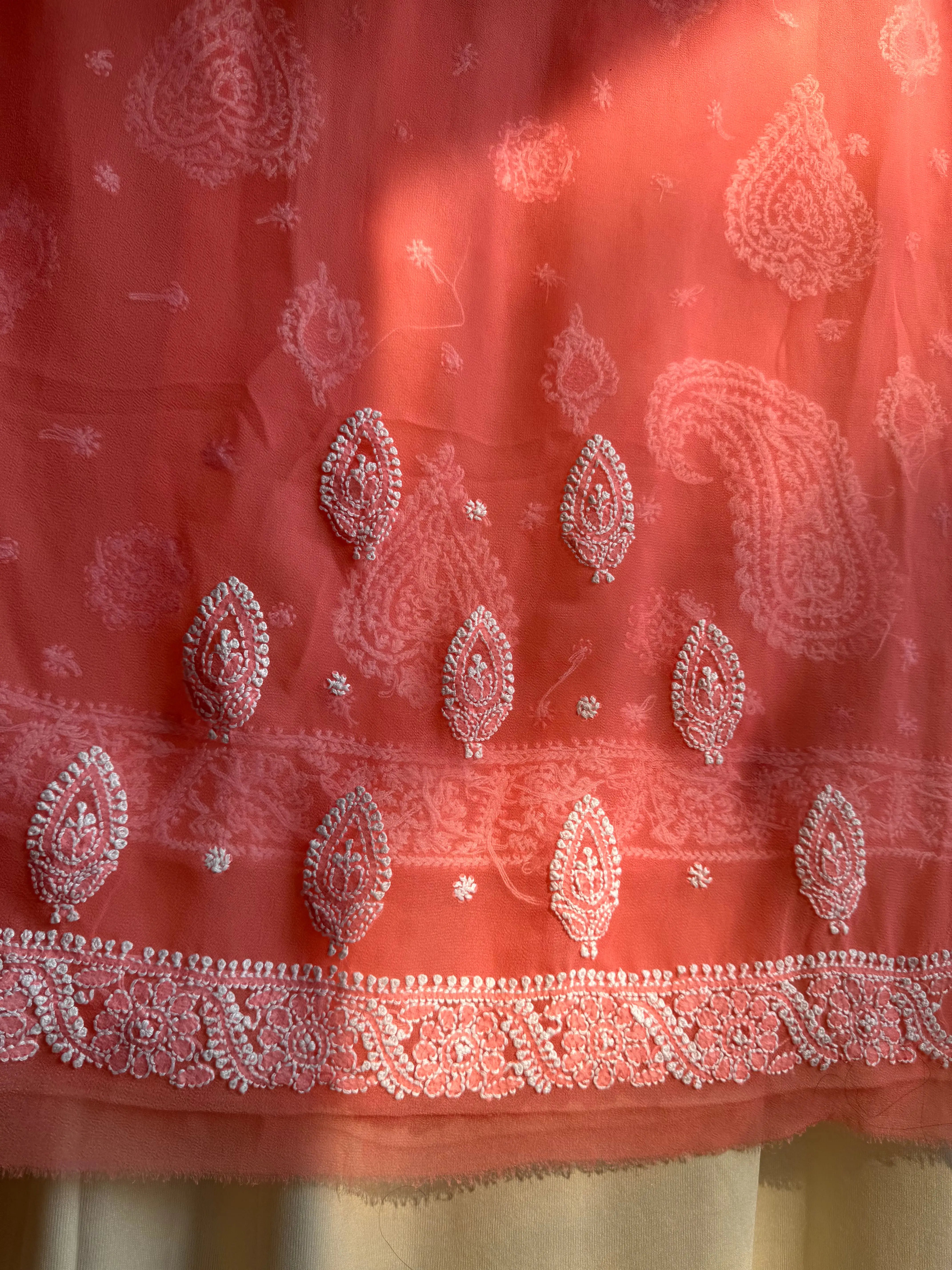 Georgette Chikankari saree in Carrot Pink ARIAA CHIKANKARI