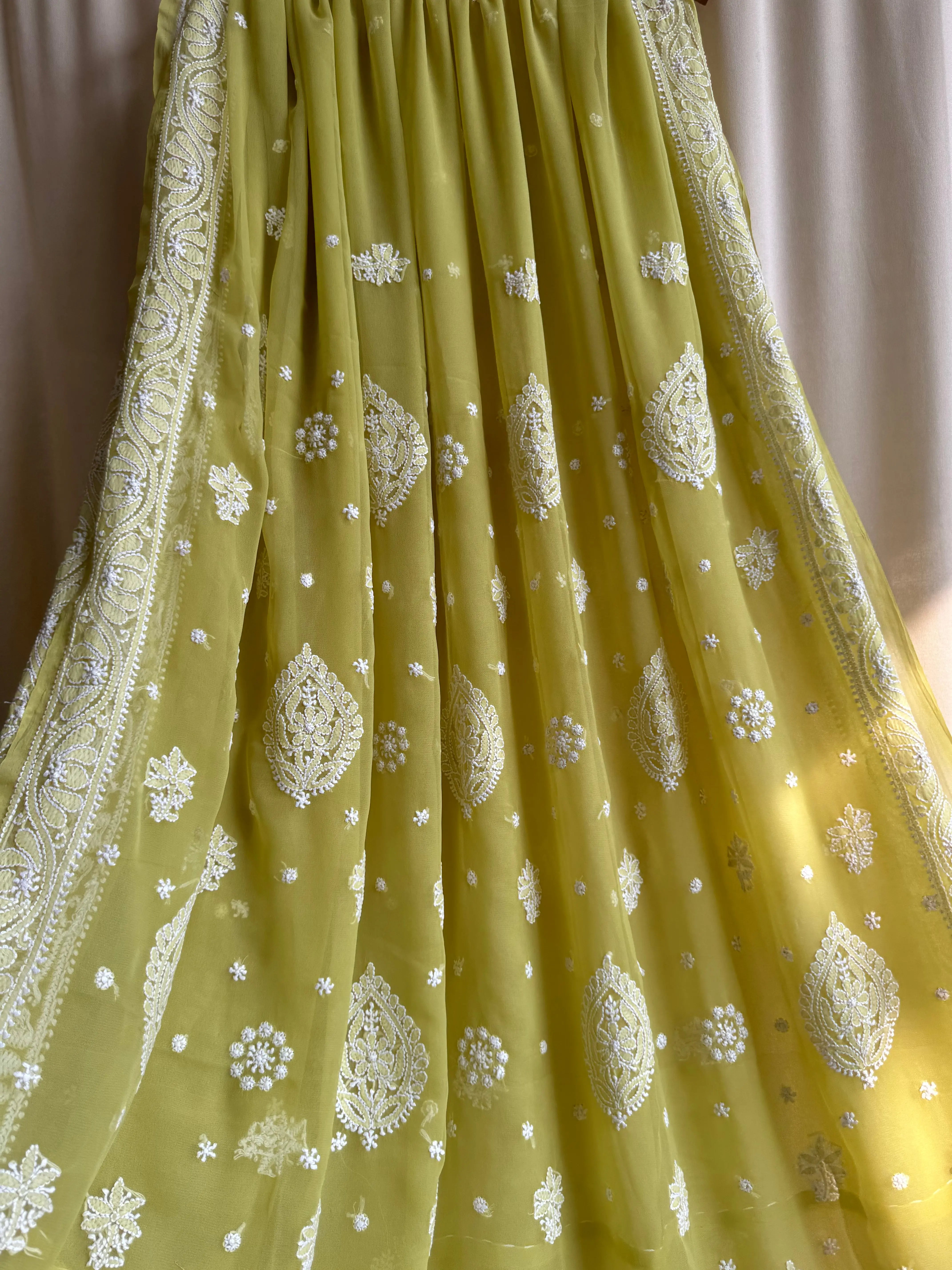 Georgette Chikankari saree in Mehndi Green ARIAA CHIKANKARI