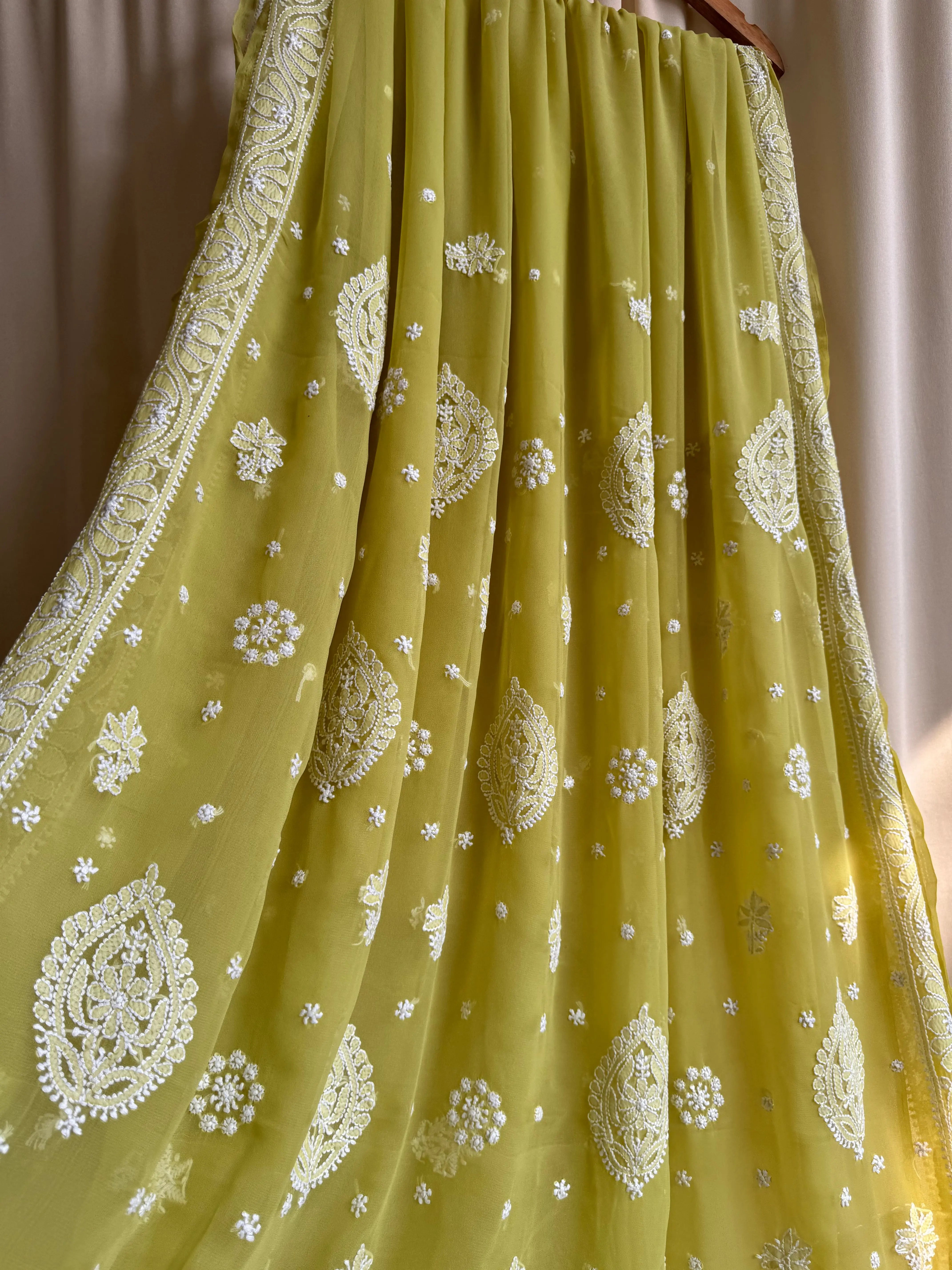 Georgette Chikankari saree in Mehndi Green ARIAA CHIKANKARI